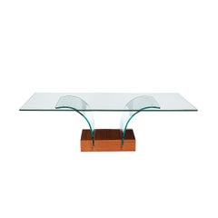 Mid-Century Modernage Curved Glass Cocktail Table W/ Rectilinear Walnut Base