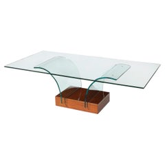 Mid-Century Modernage Curved Glass Cocktail Table W/ Rectilinear Walnut Base