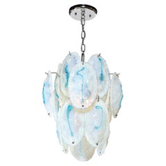 Mid-Century Hand-Blown Murano Opalescent & Cerulean Detail Glass Chandelier