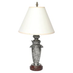 Art Nouveau Rosso Levanto Marble Base & Pewter Table Lamp signed E. Lelièvre