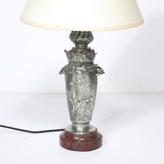 Art Nouveau Rosso Levanto Marble Base & Pewter Table Lamp signed E. Lelièvre
