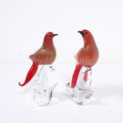 Pair of Mid-Century Vermillion Murano Glass Dove Sculptures with 24K Gold Flecks