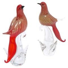 Pair of Mid-Century Vermillion Murano Glass Dove Sculptures with 24K Gold Flecks