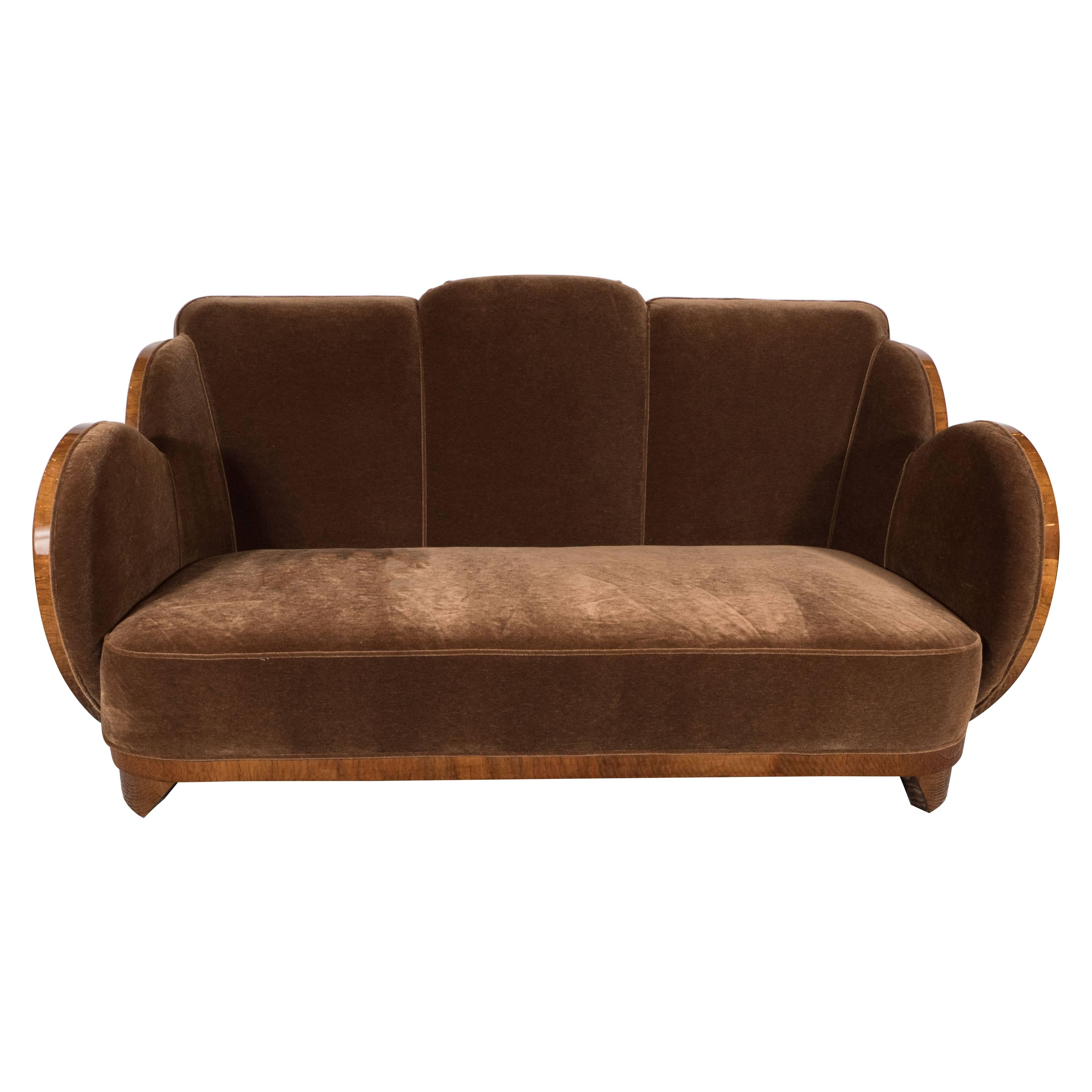 Gorgeous Art Deco "Cloud" Series Sofa in Bookmatched Walnut and Chestnut Mohair
