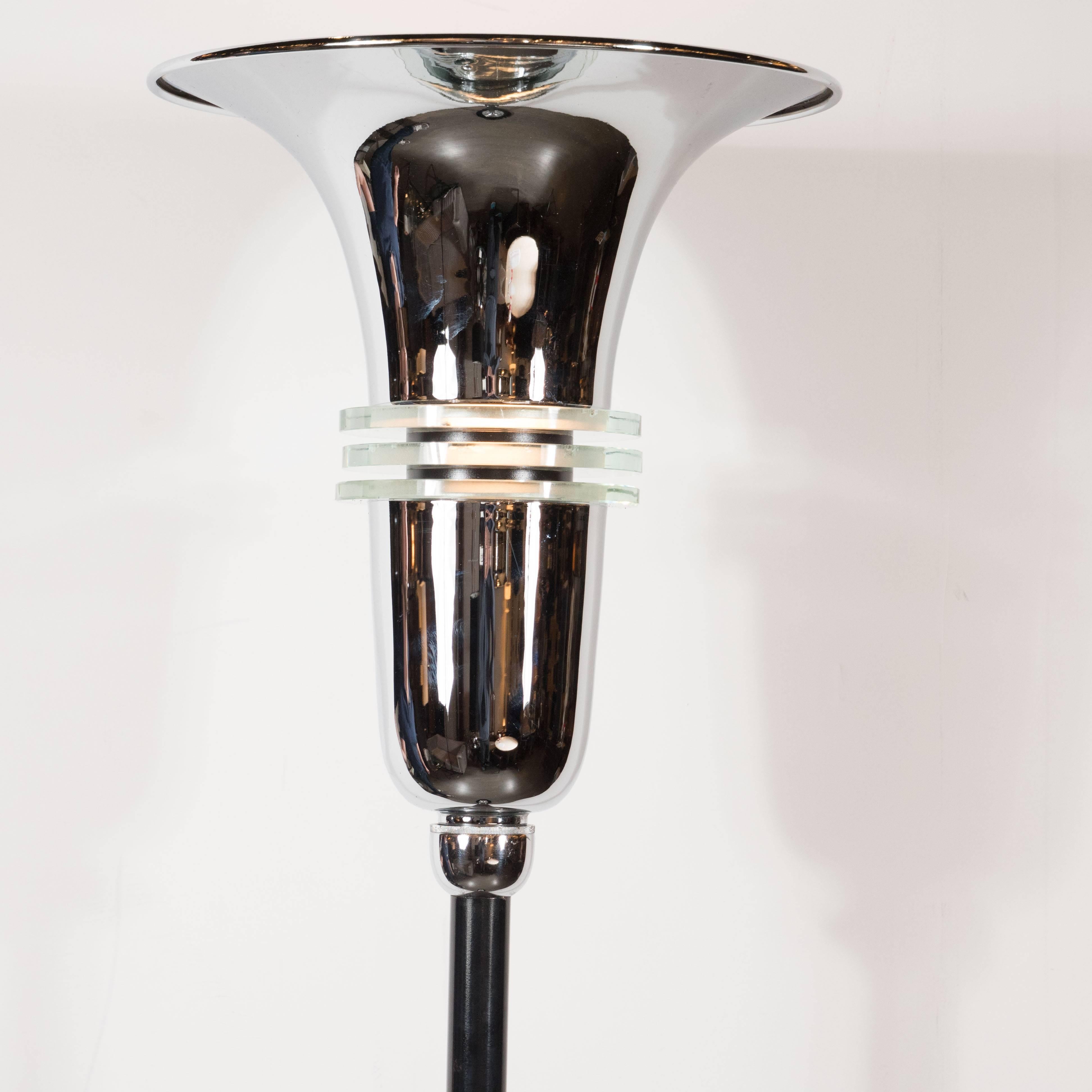 Art Deco Machine Age Chrome & Black Enamel Floor Lamp with Banded Glass Accents 1