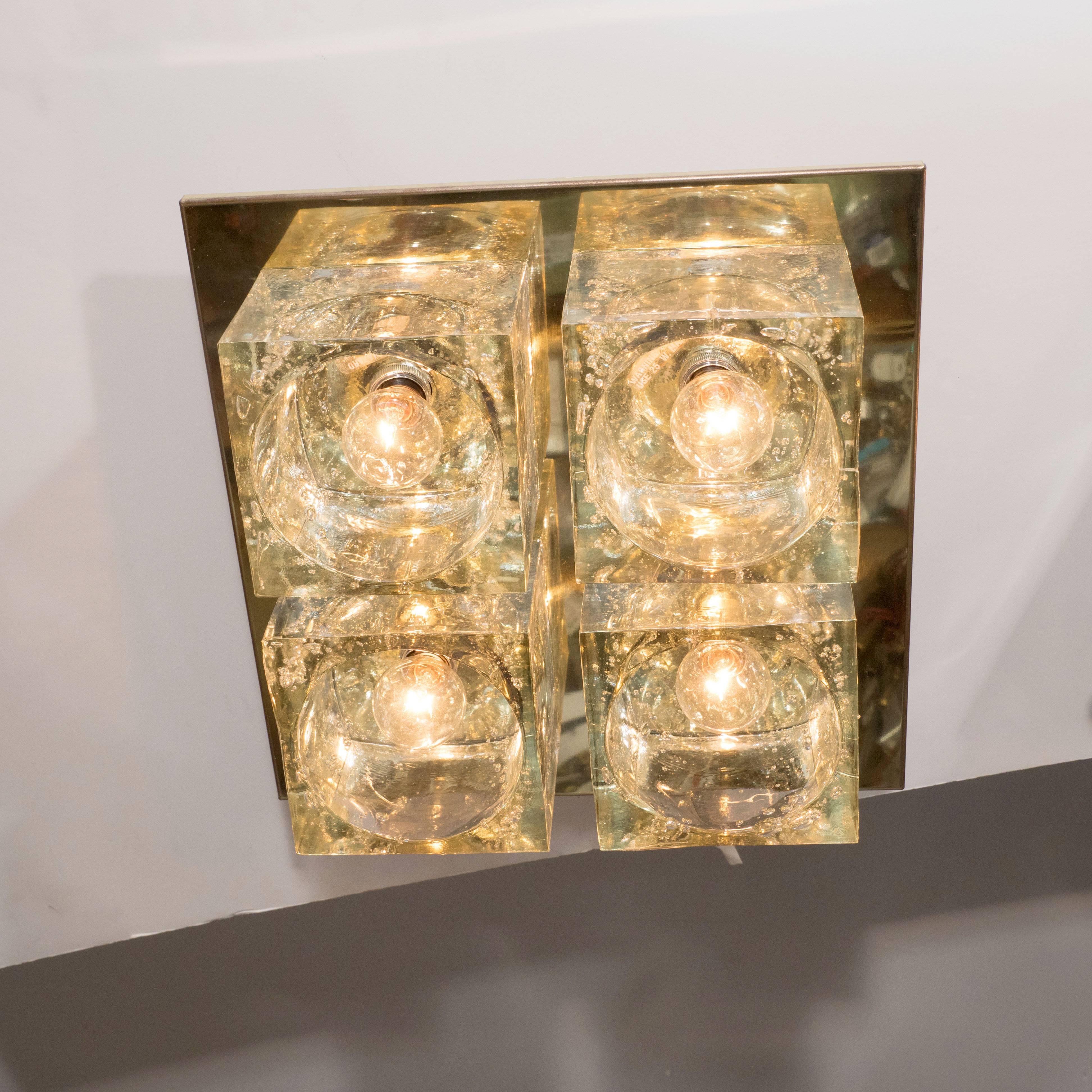 Late 20th Century Mid-Century Modern Brass and Translucent Glass Cube Flush Mount by Sciolari