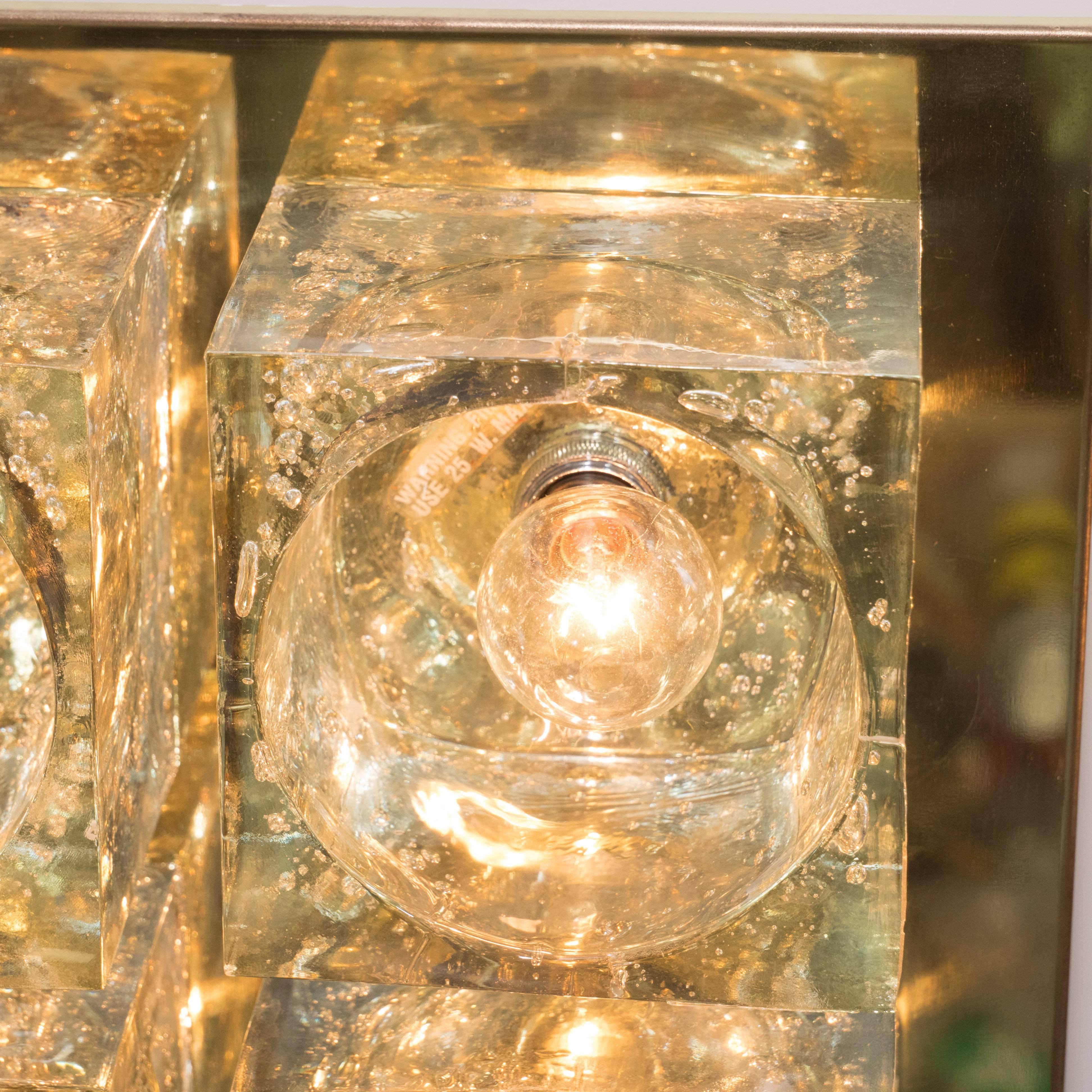 Blown Glass Mid-Century Modern Brass and Translucent Glass Cube Flush Mount by Sciolari