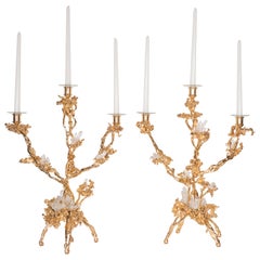 Pair of Triple Branch 24-Karat Gold-Plated Bronze Candlesticks by Claude Boeltz