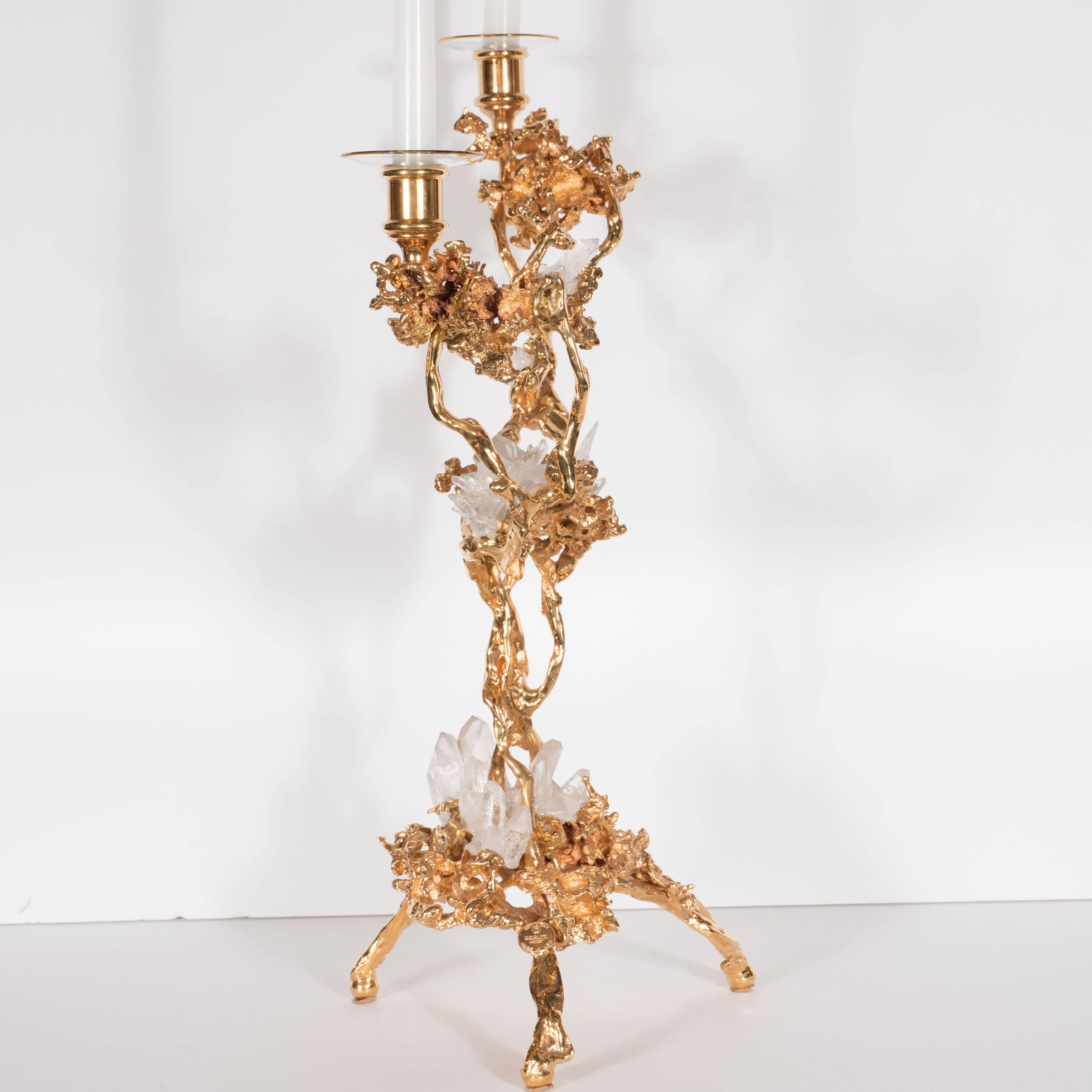 Pair of Double Branch 24-Karat Gold-Plated Bronze Candlesticks by Claude Boeltz 1