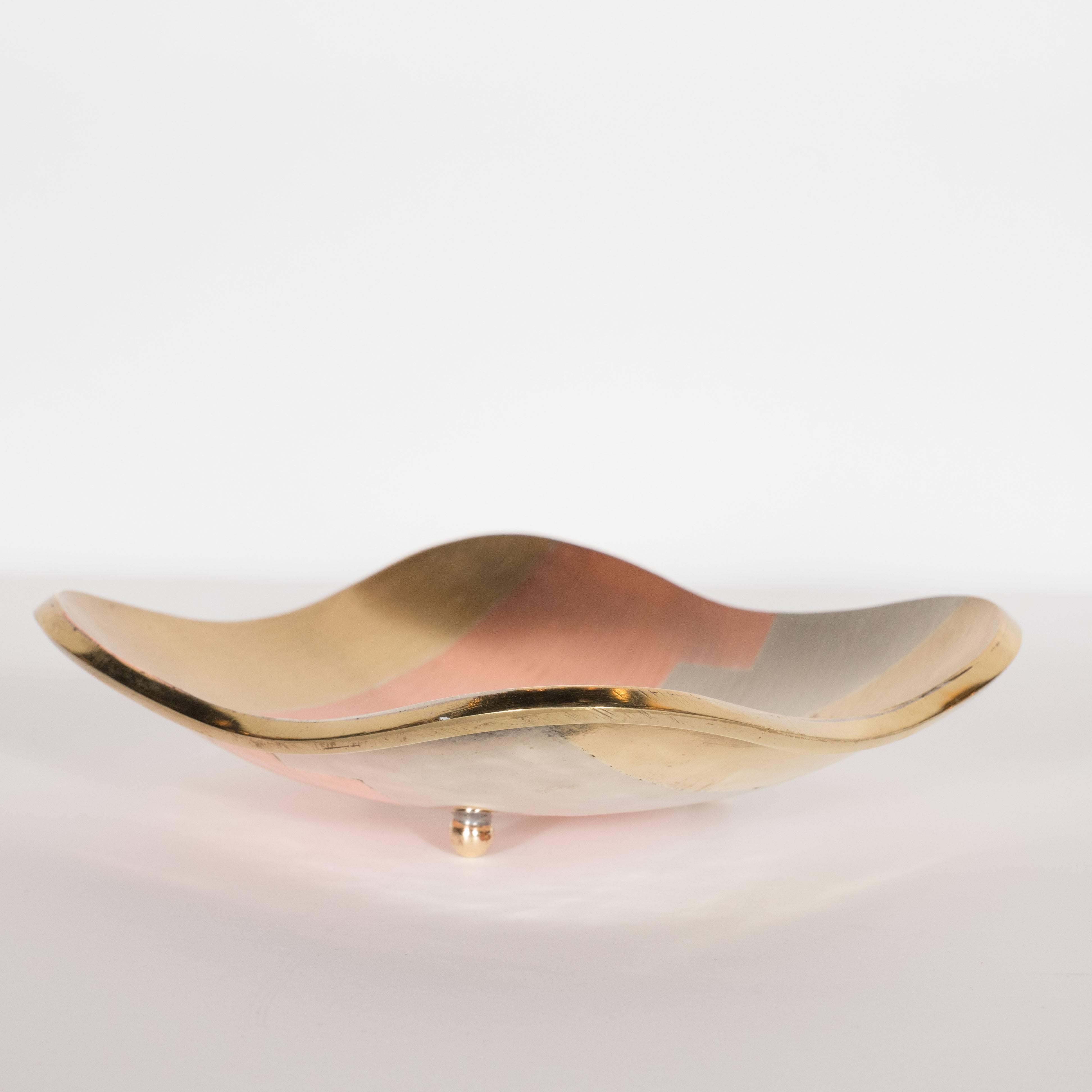 American Mid-Century Modern Dish in Platinum, Copper and Gold Tones