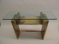 Two Unique Italian Postmodern Gilt and Copper Cantilevered Consoles / Sofa Table