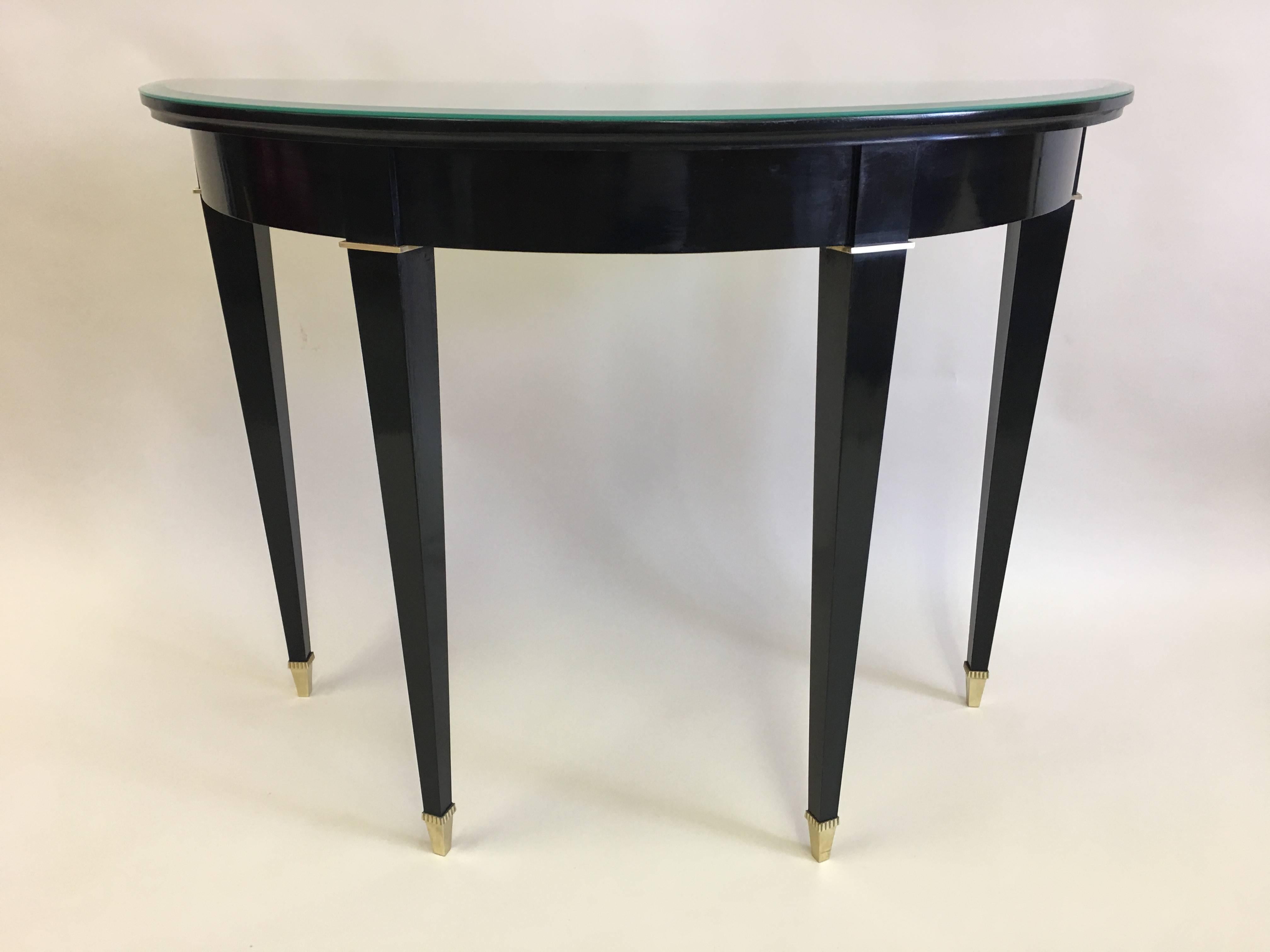Mid-Century Modern French Modern Neoclassical Black Lacquer Demilune Console Attr. to Andre Arbus For Sale