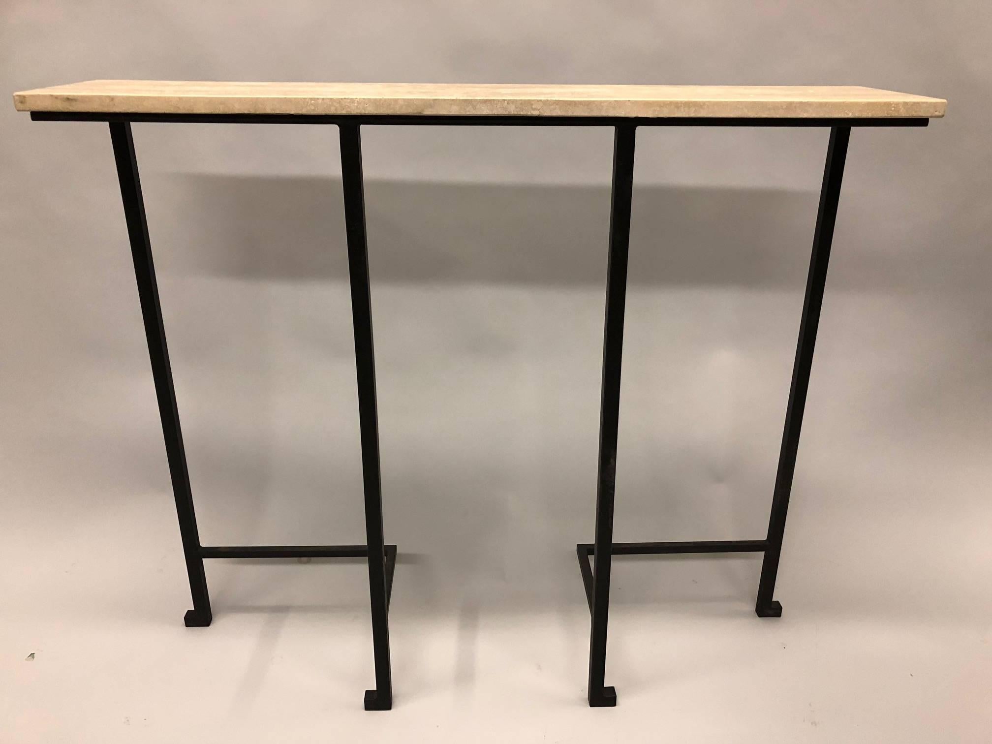 2 French Mid-Century Modern Style Wrought Iron & Stone Consoles, Marc Duplantier In Excellent Condition For Sale In New York, NY