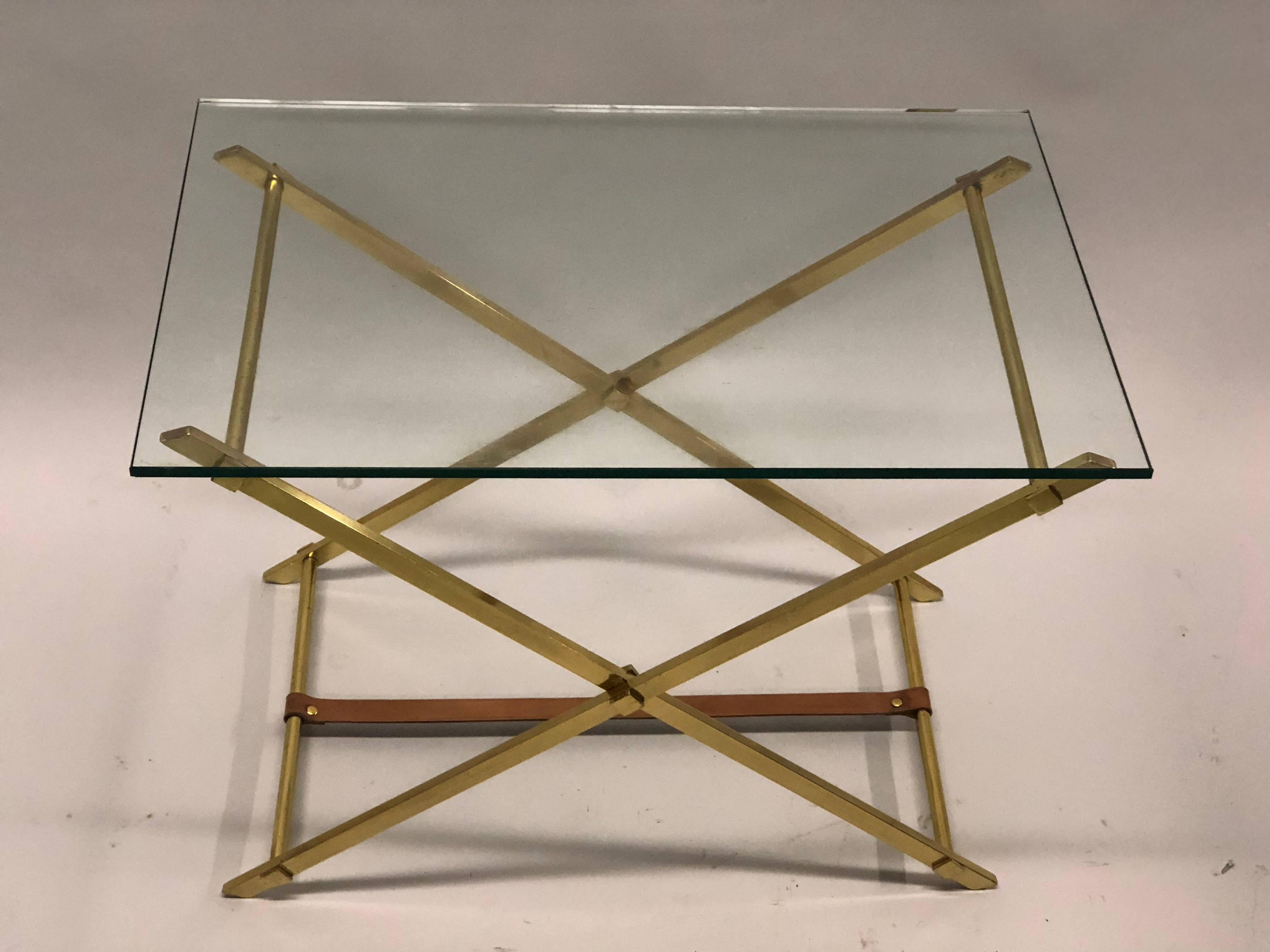 Pair of Mid-Century Modern Brass, Leather and Glass Side Tables by Hermes In Good Condition In New York, NY