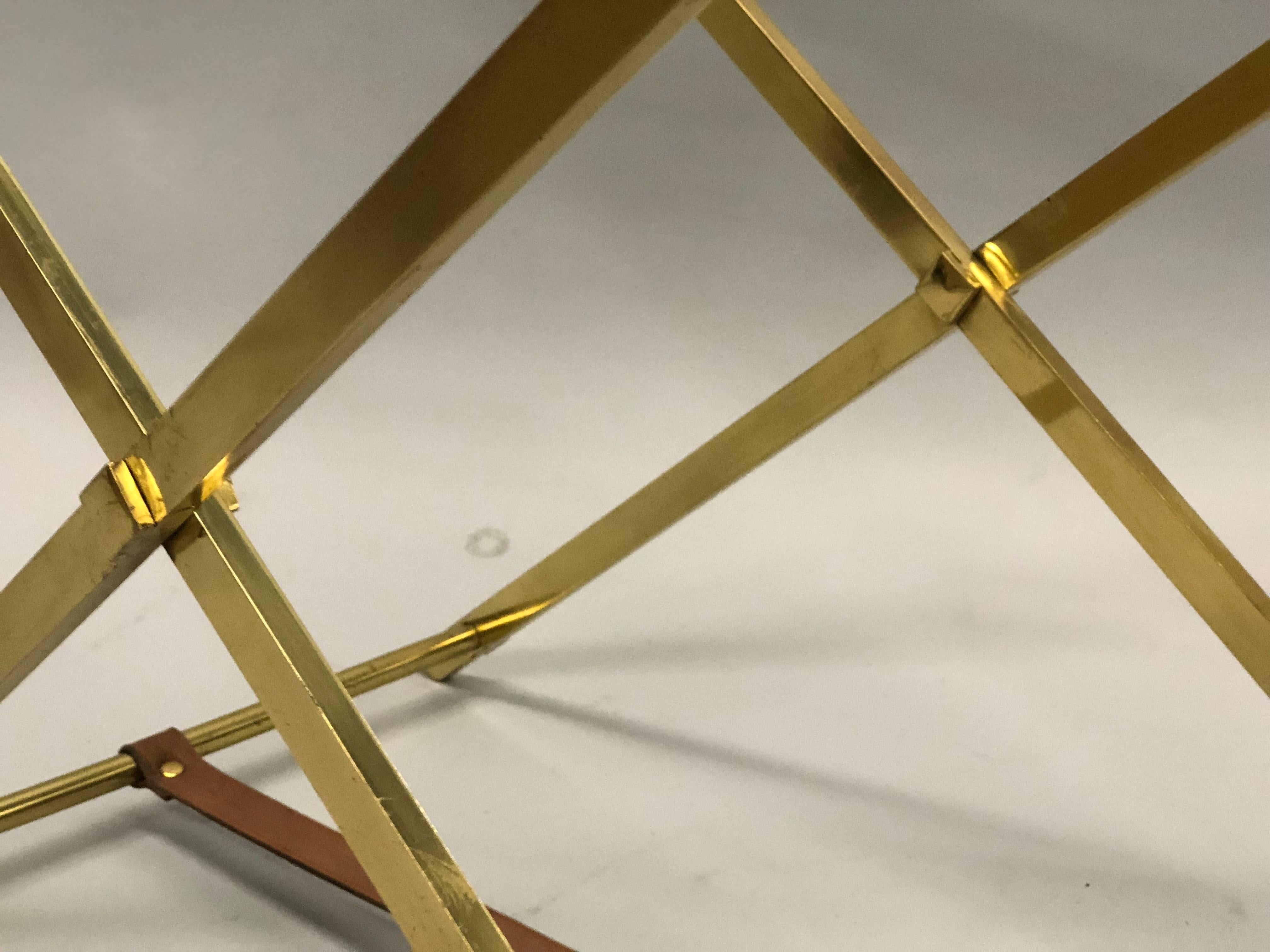 Pair of Mid-Century Modern Brass, Leather and Glass Side Tables by Hermes 2