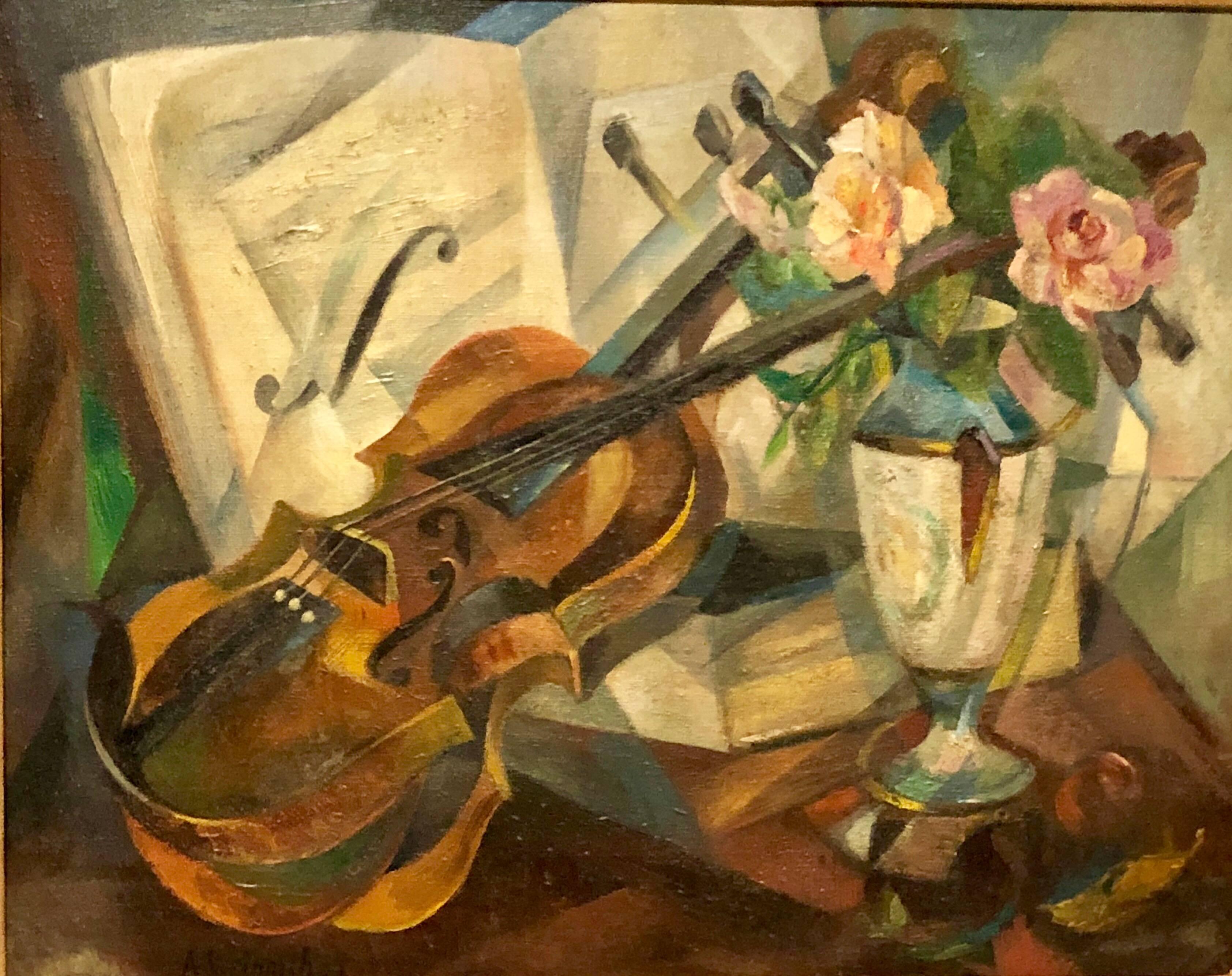 Kubistisches Stillleben „Violin“ von Agnes Weinrich, signiert, datiert 1922 (Moderne) im Angebot