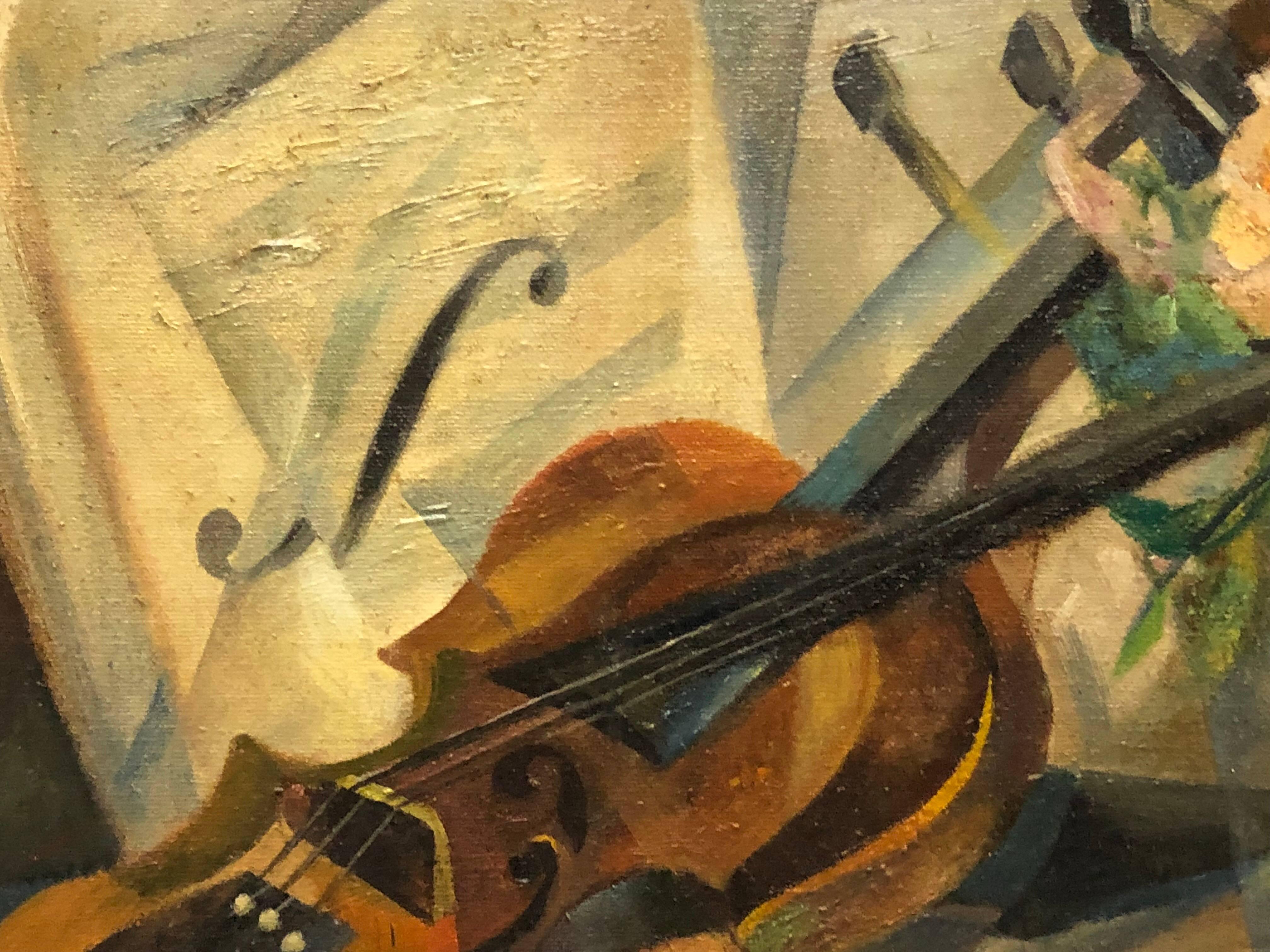 Kubistisches Stillleben „Violin“ von Agnes Weinrich, signiert, datiert 1922 (Geölt) im Angebot