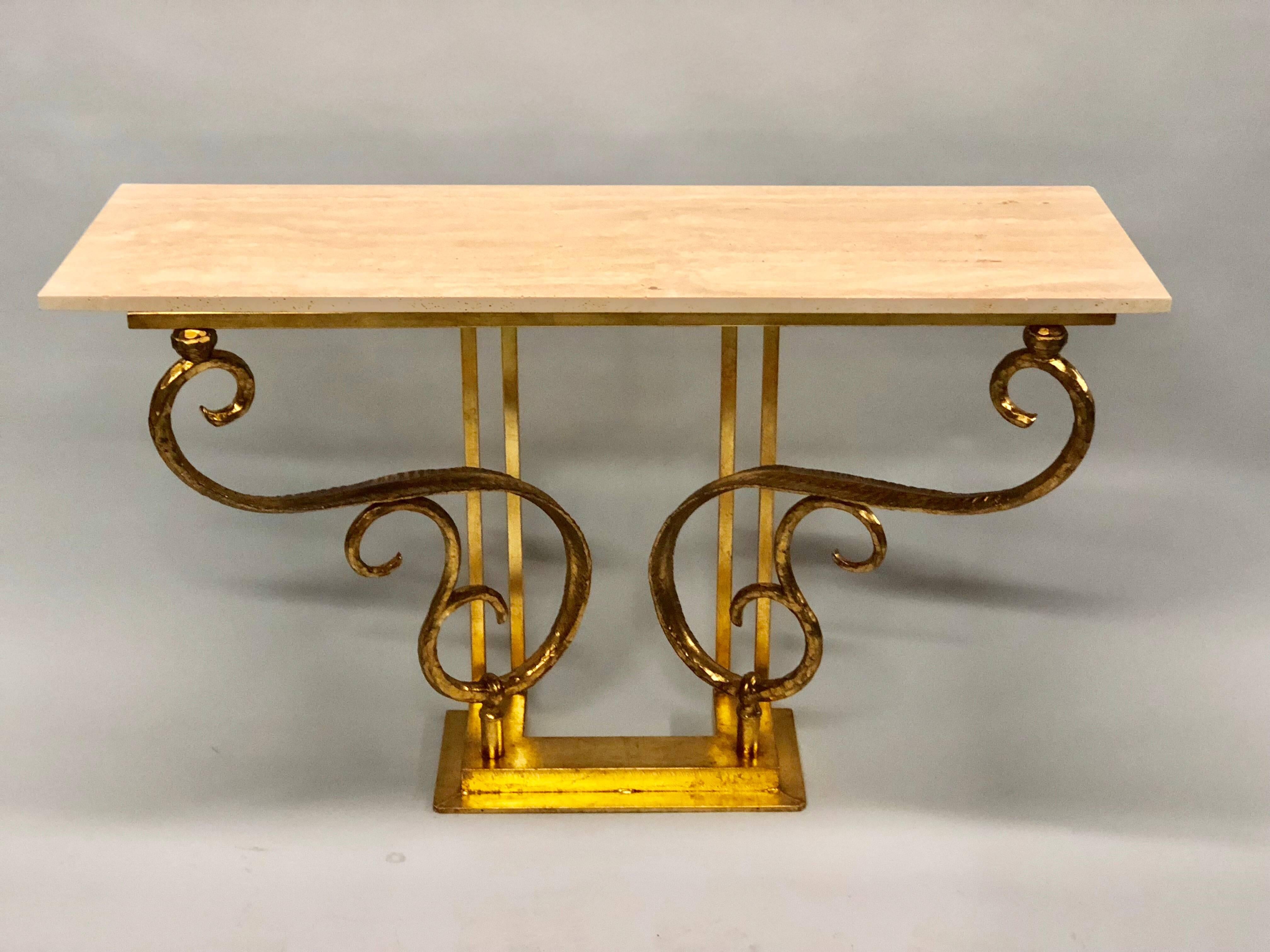 Two Italian Mid-Century Modern Gilt Iron Consoles/ Sofa Tables by Giovanni Banci In Excellent Condition For Sale In New York, NY