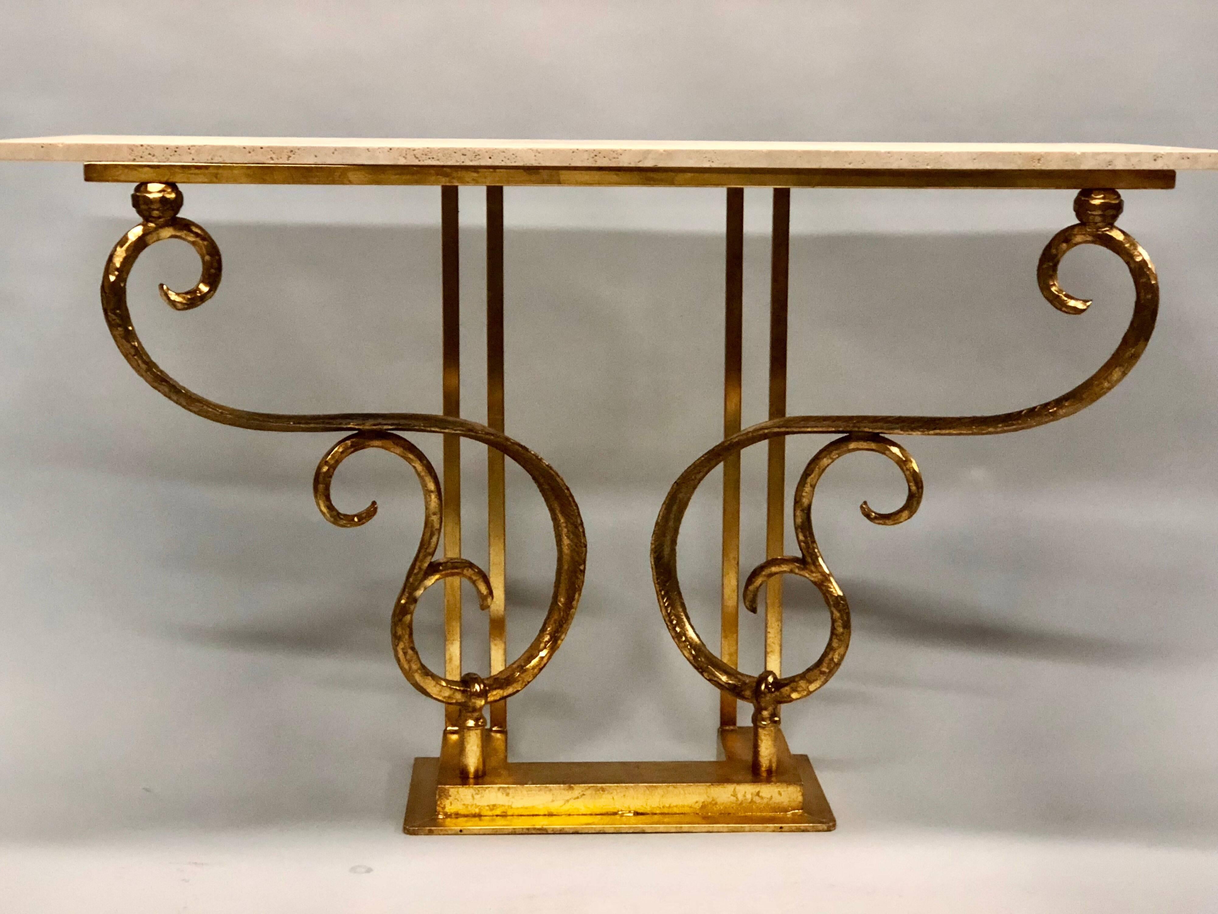 20th Century Two Italian Mid-Century Modern Gilt Iron Consoles/ Sofa Tables by Giovanni Banci For Sale