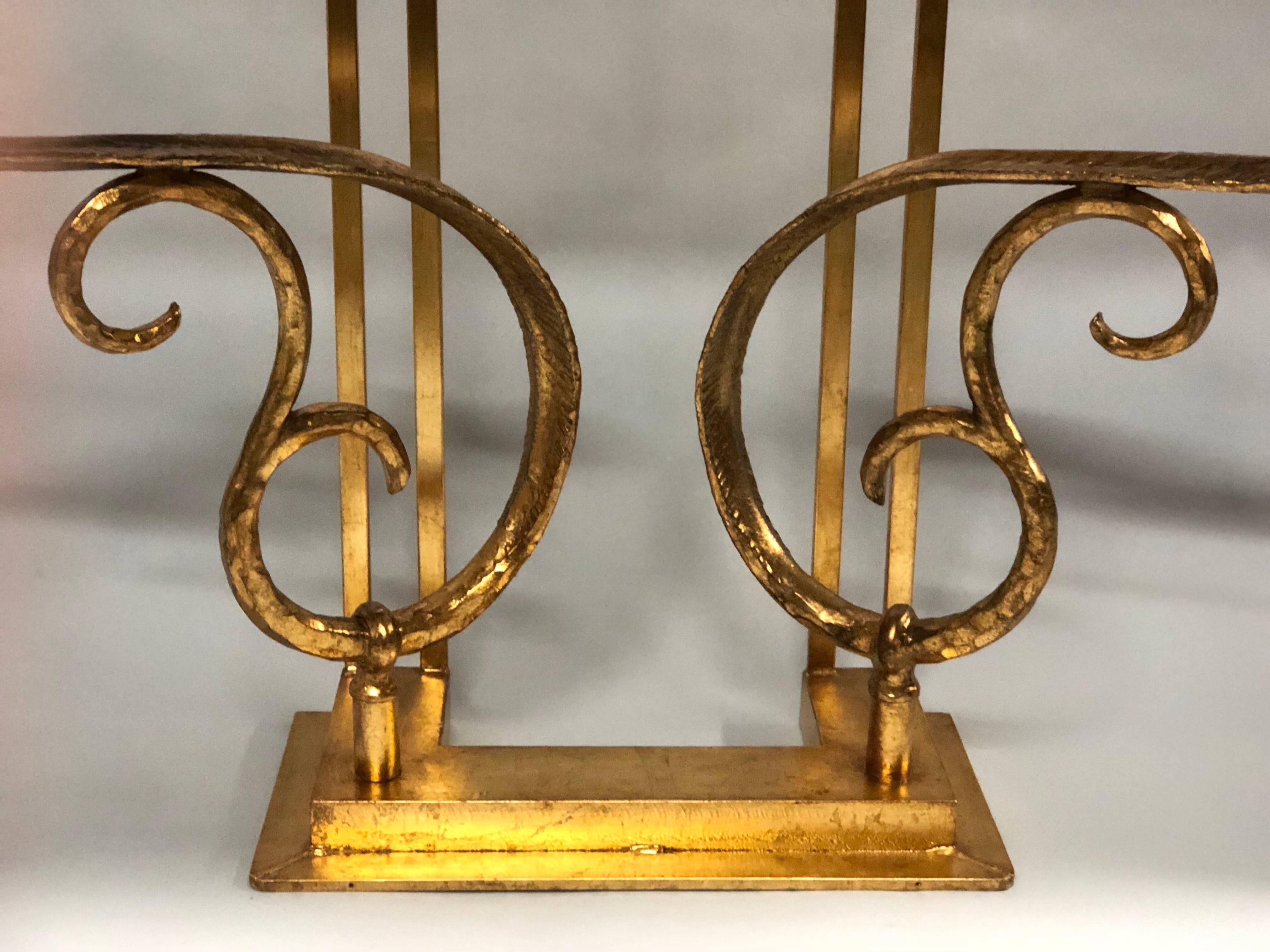 Two Italian Mid-Century Modern Gilt Iron Consoles/ Sofa Tables by Giovanni Banci For Sale 1