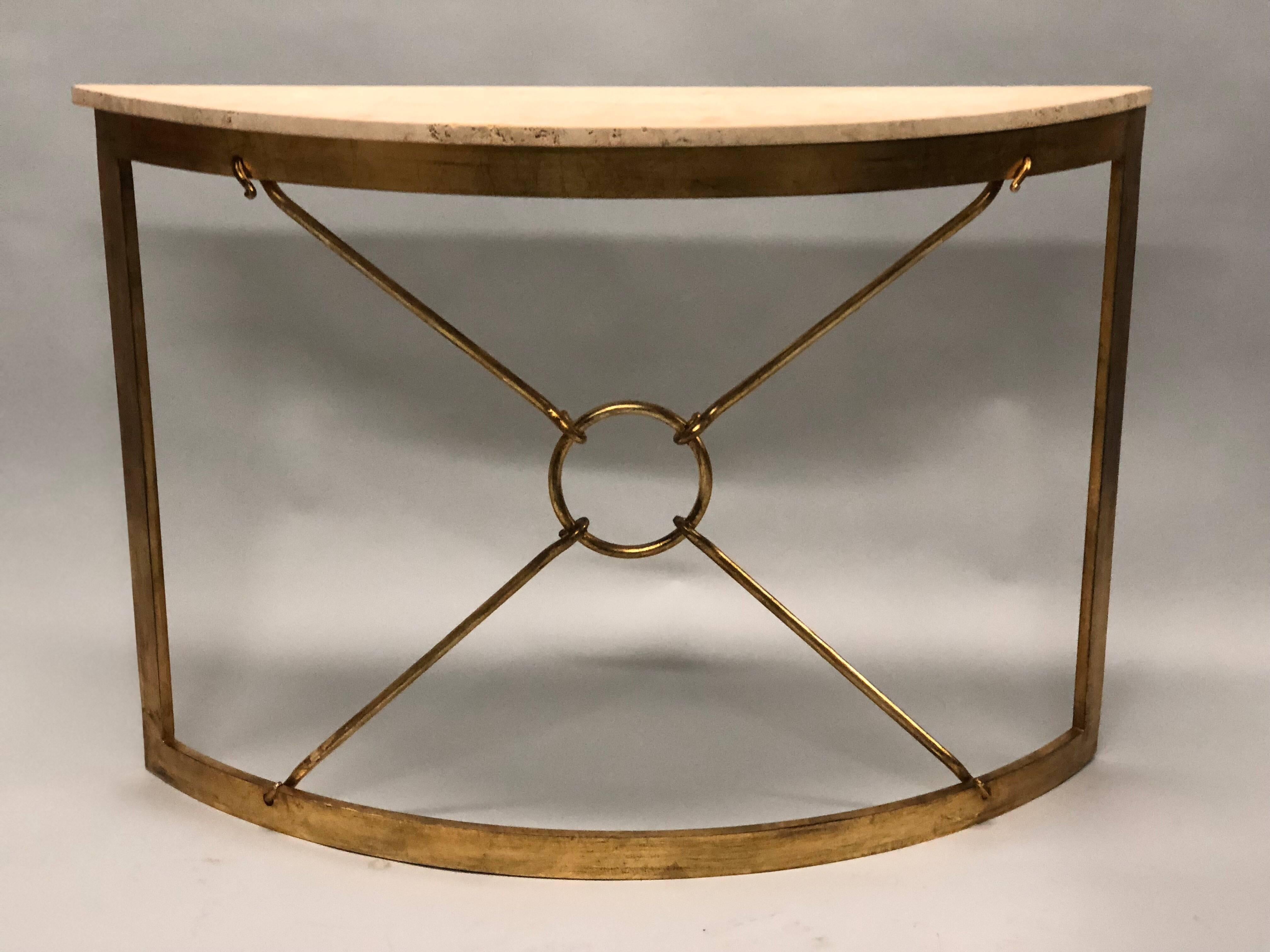 Mid-Century Modern 2 Italian Modern Neoclassical Gilt Iron Demi-lune Console by Gio Banci & Hermes For Sale