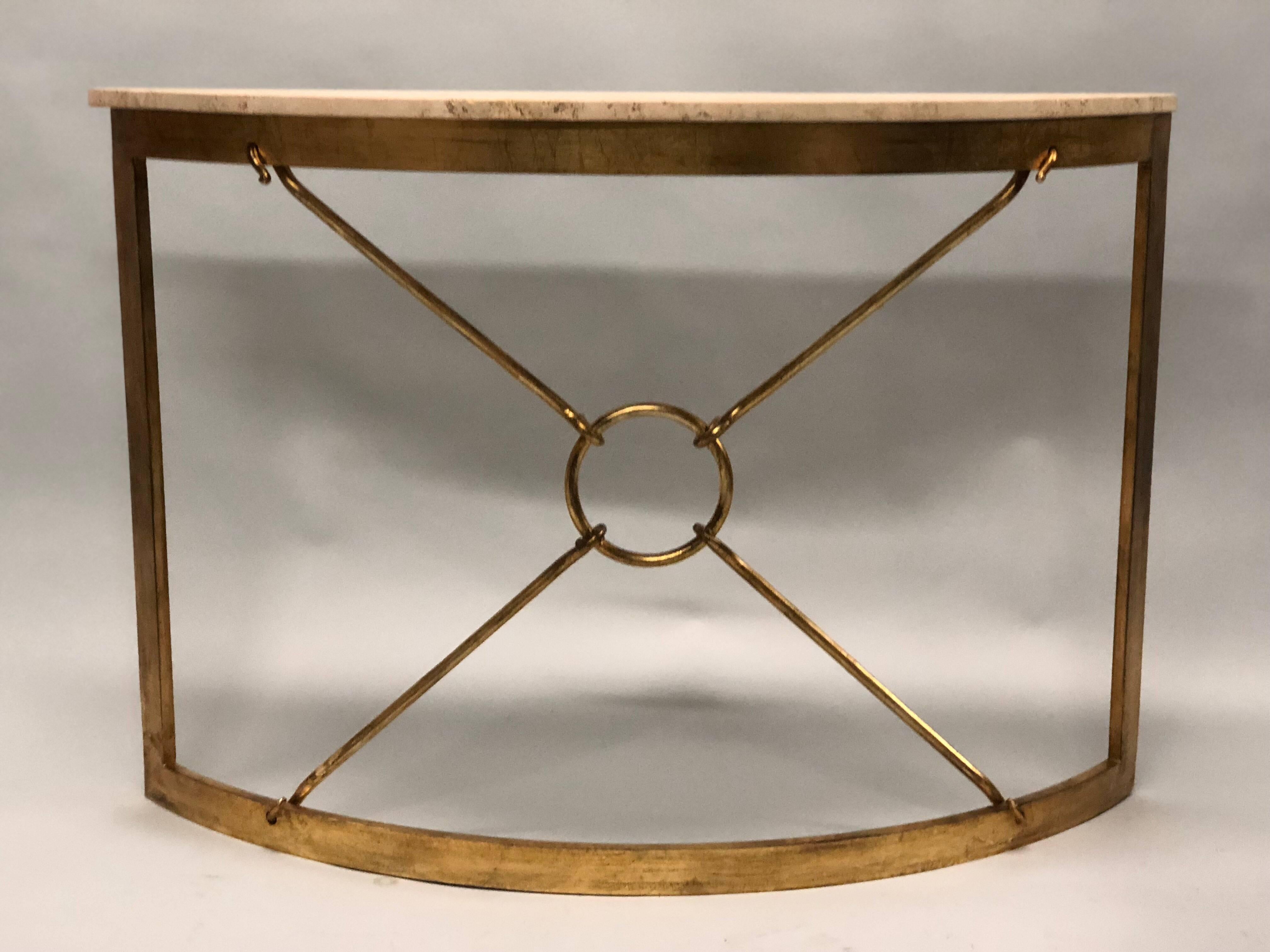 2 Italian Modern Neoclassical Gilt Iron Demi-lune Console by Gio Banci & Hermes In Good Condition For Sale In New York, NY