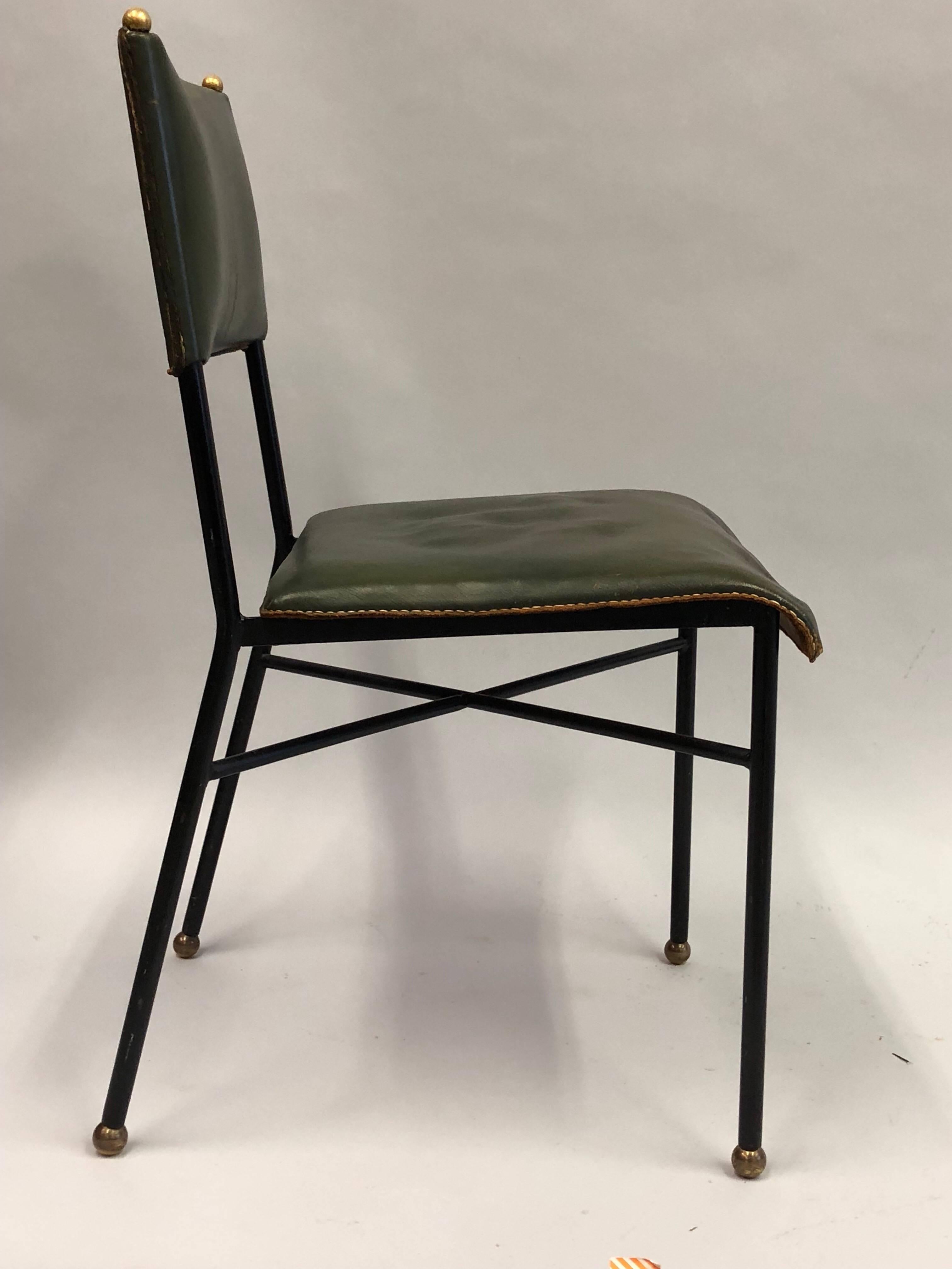 Enameled French Mid-Century Modern Hand-Stitched Leather Desk/Side Chair, Jacques Adnet