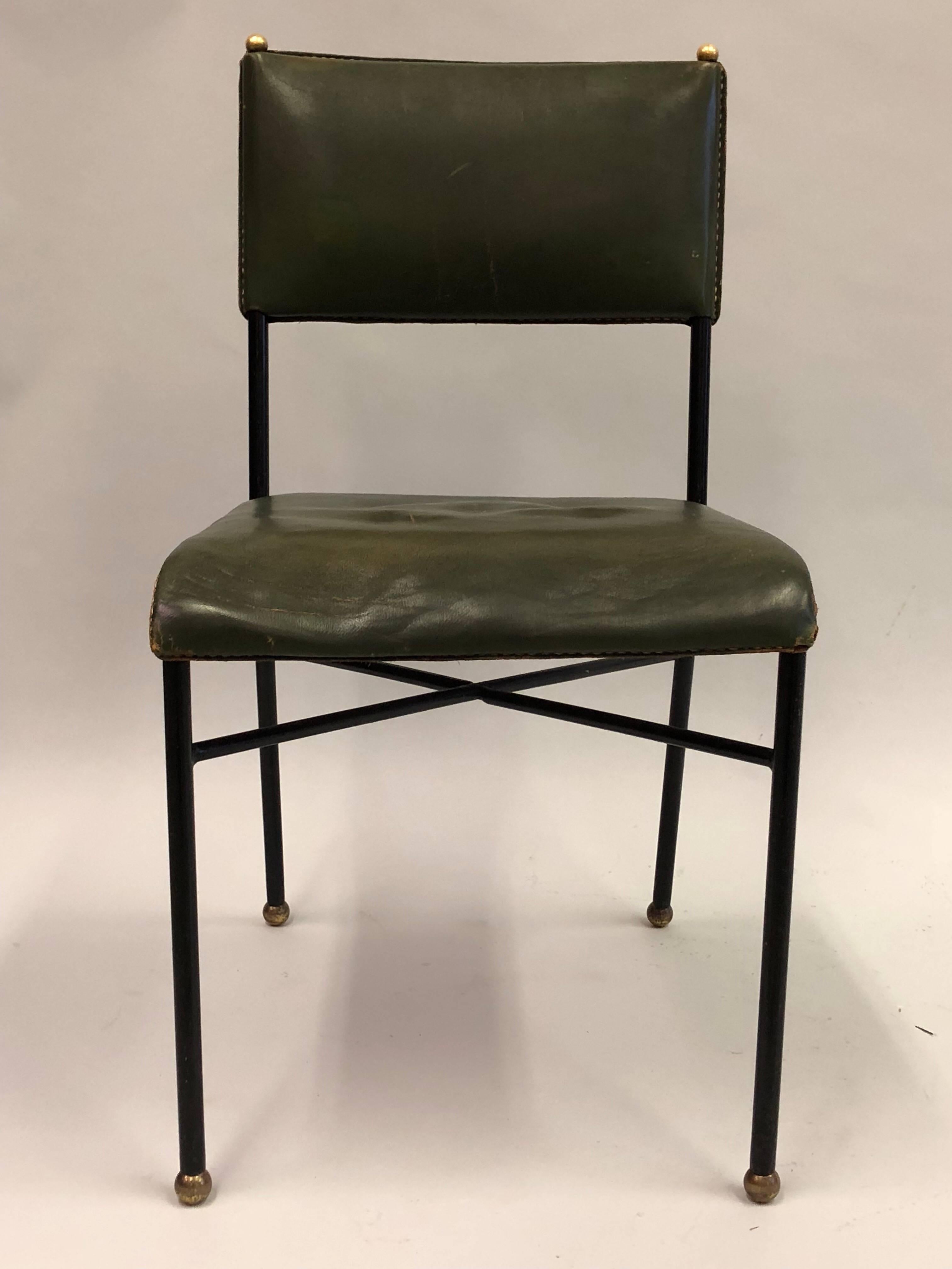 French Mid-Century Modern Hand-Stitched Leather Desk/Side Chair, Jacques Adnet In Good Condition In New York, NY