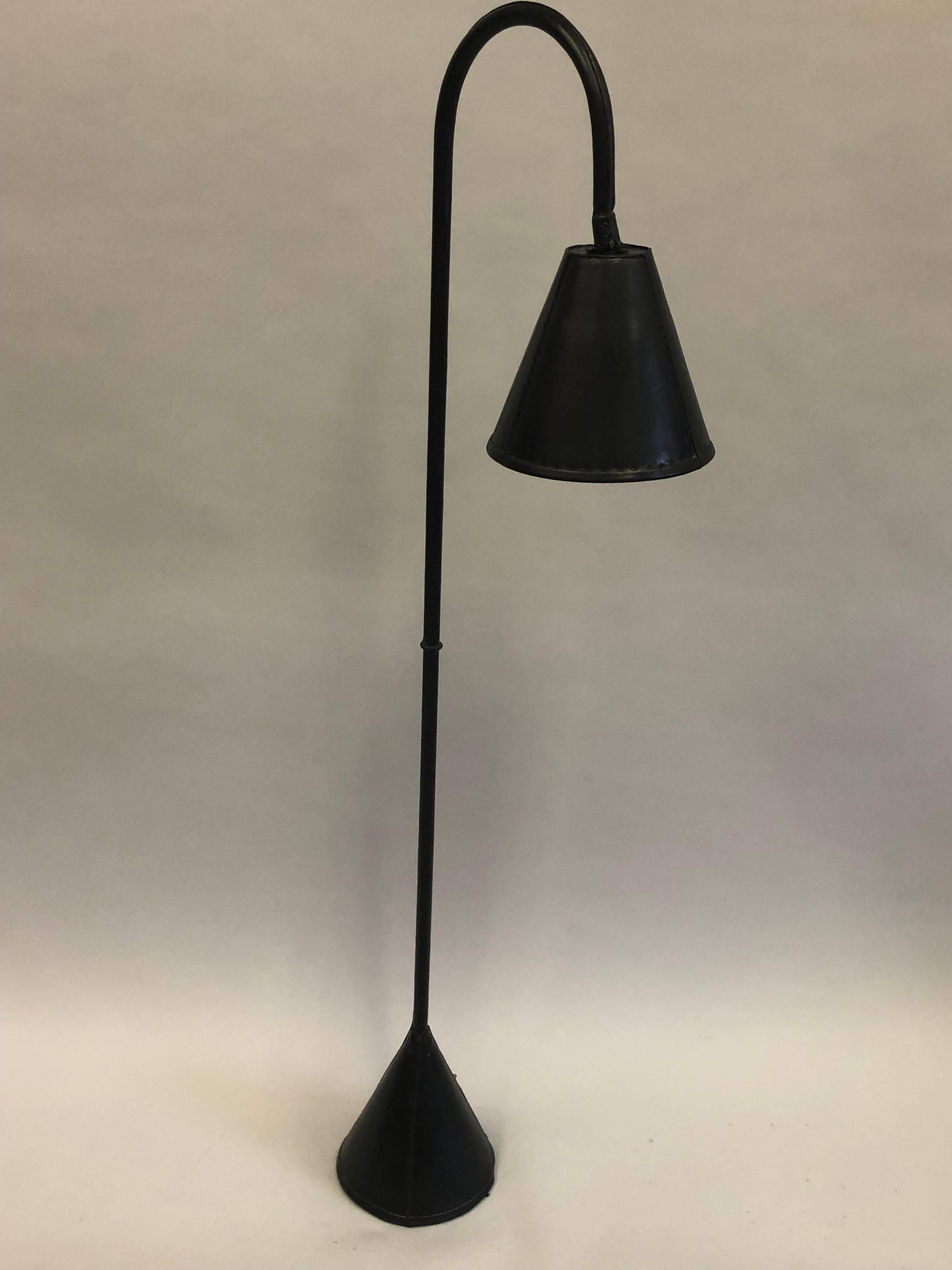 Mid-Century Modern Pair, French Midcentury Hand-stitched Black Leather Floor Lamps by Jacques Adnet