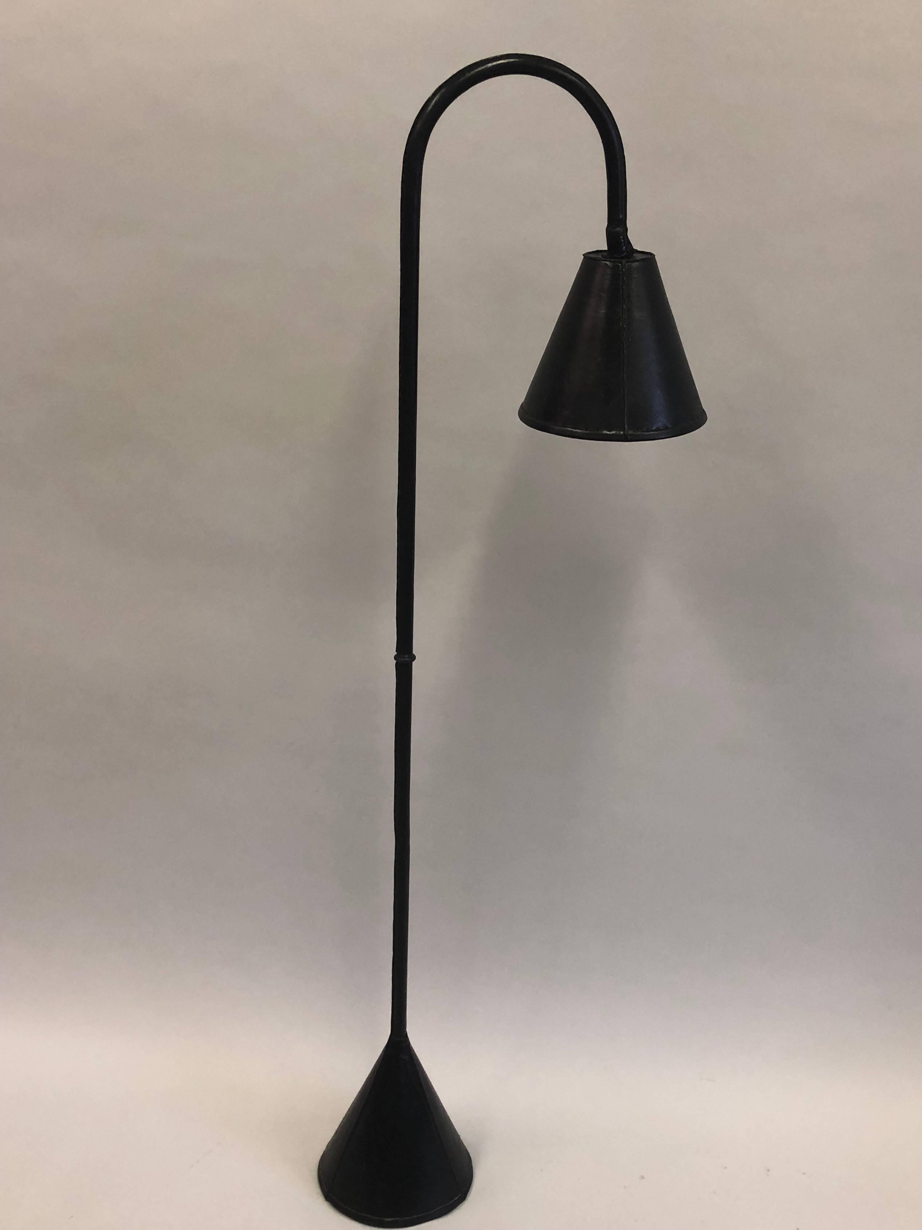Hand-Crafted Pair, French Midcentury Hand-stitched Black Leather Floor Lamps by Jacques Adnet