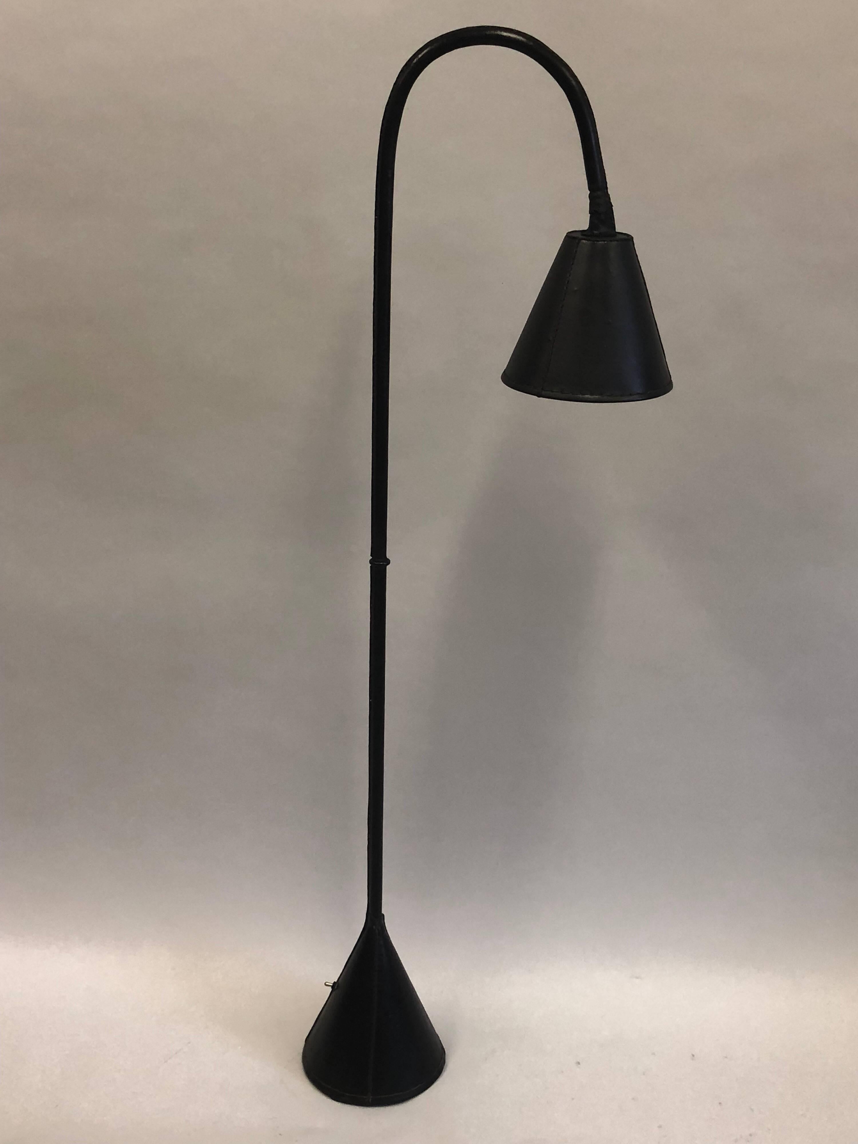 Pair, French Midcentury Hand-stitched Black Leather Floor Lamps by Jacques Adnet In Good Condition In New York, NY