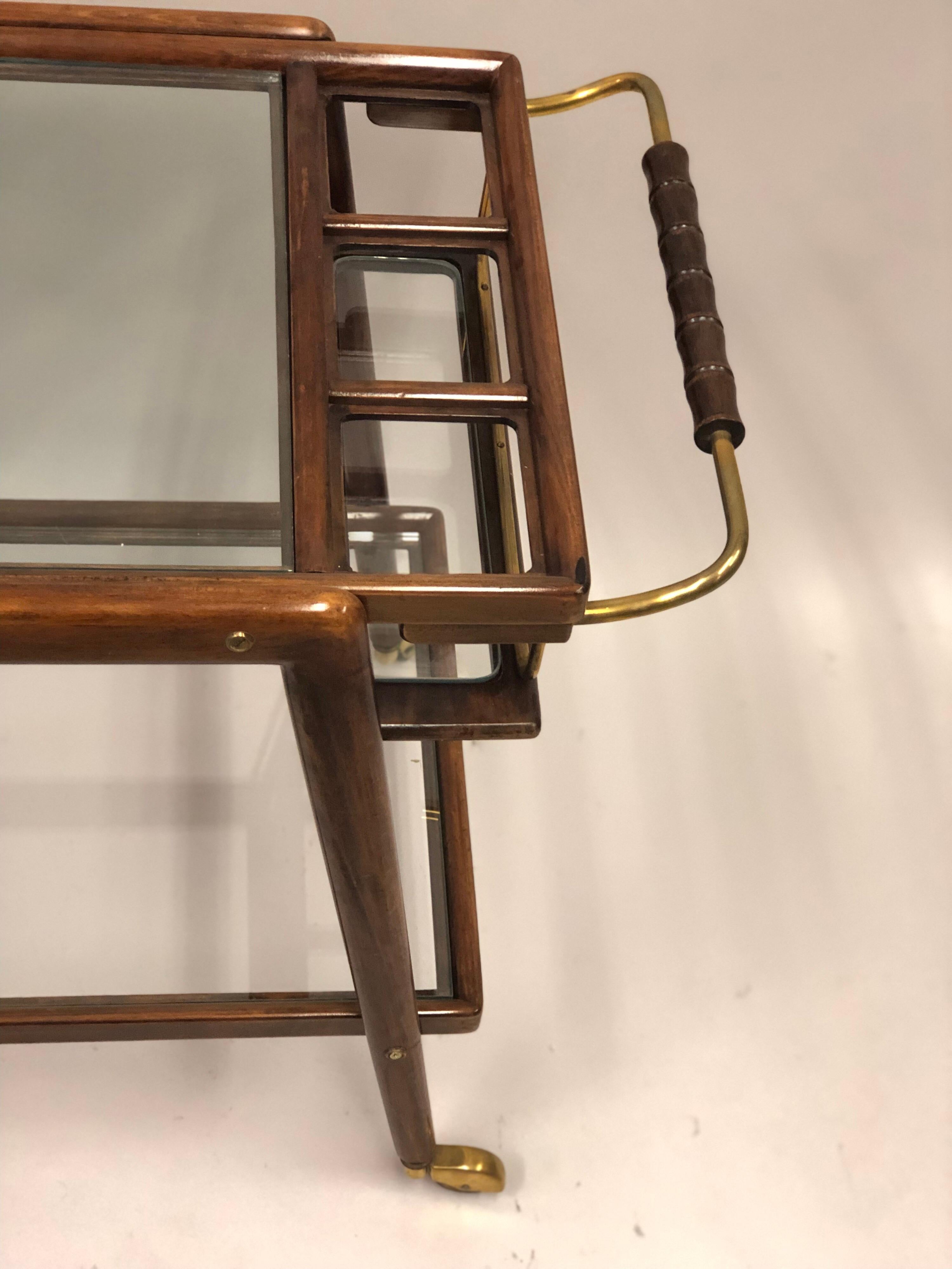 Italian Mid-Century Modern Walnut and Glass Bar Cart by Cesare Lacca 1