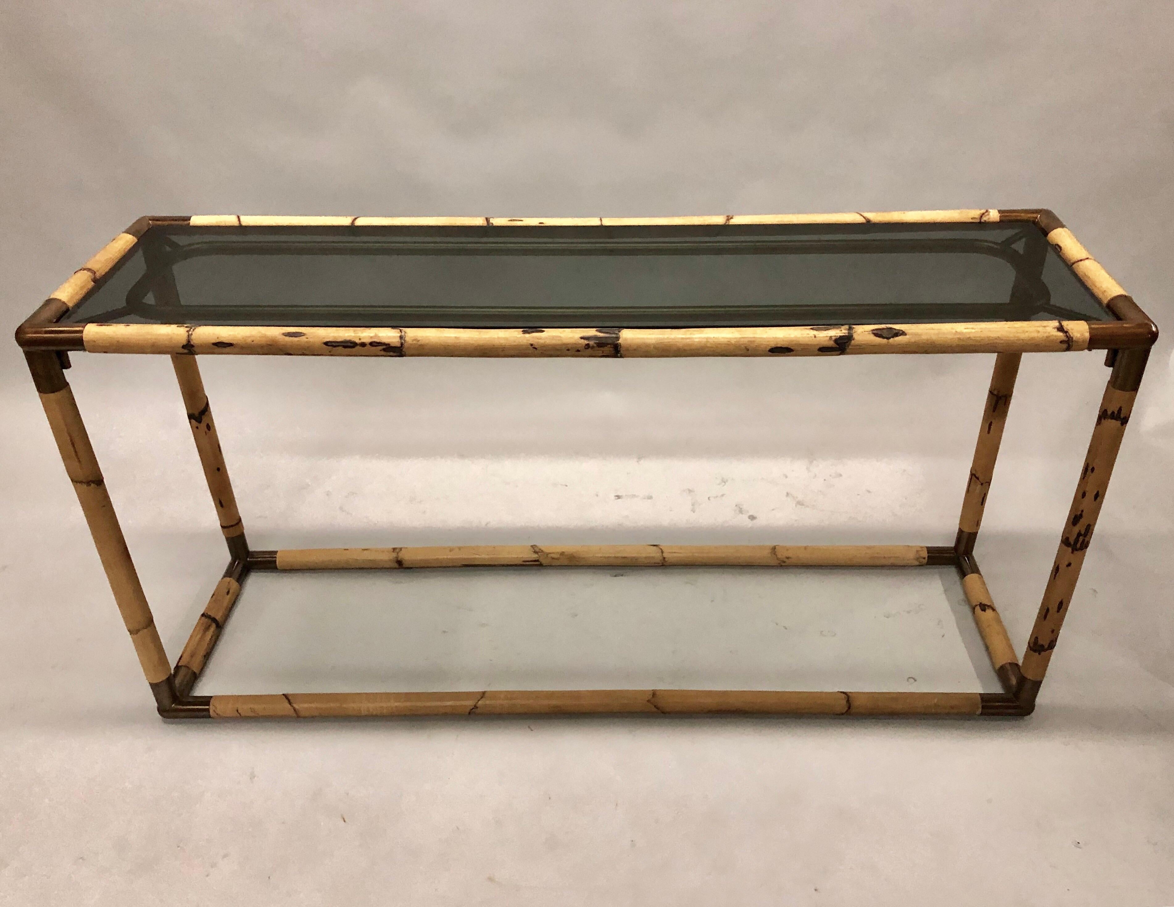 Mid-Century Modern Italian Midcentury Bamboo and Rattan & Glass Console or Sofa Table by Banci For Sale