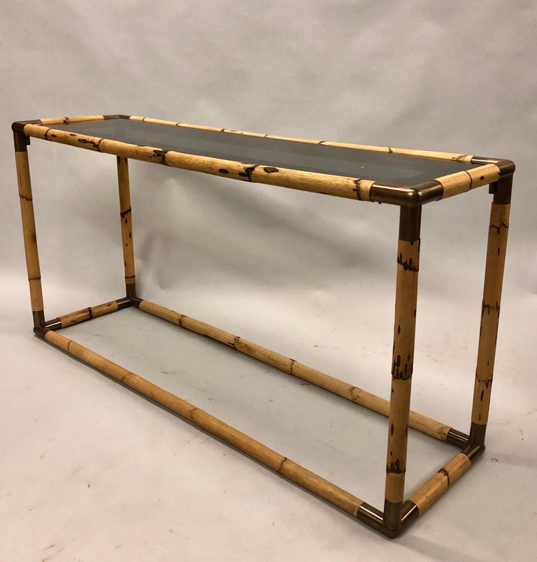 20th Century Italian Midcentury Bamboo and Rattan & Glass Console or Sofa Table by Banci For Sale