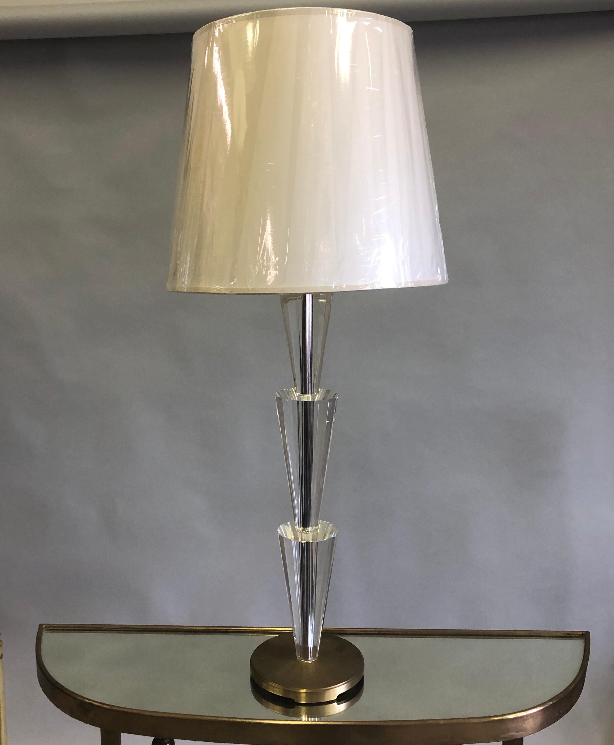 Mid-Century Modern Pair Italian Modern Neoclassical Crystal & Brass Table Lamps, Fontana Arte Style