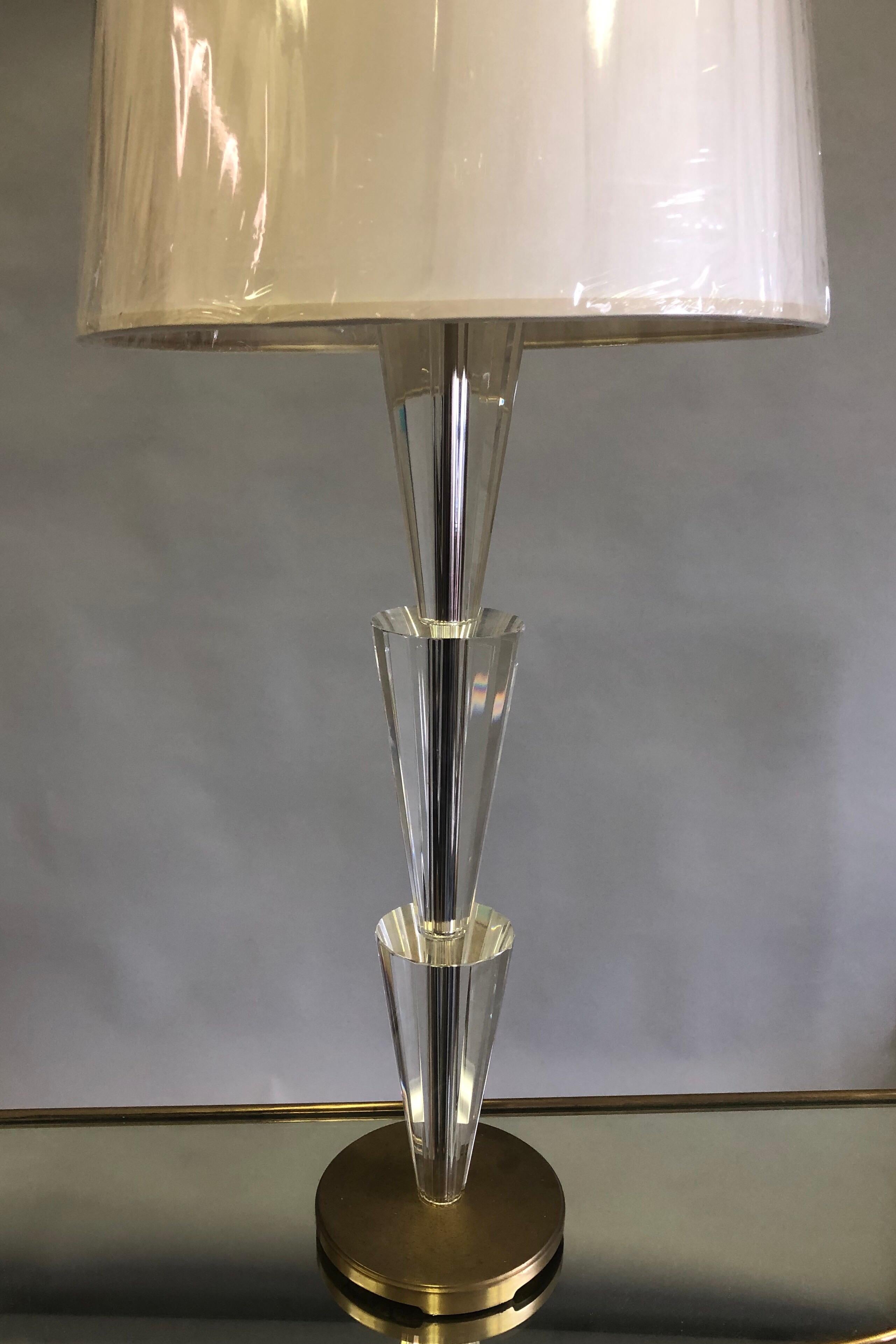 Pair Italian Modern Neoclassical Crystal & Brass Table Lamps, Fontana Arte Style In Excellent Condition In New York, NY