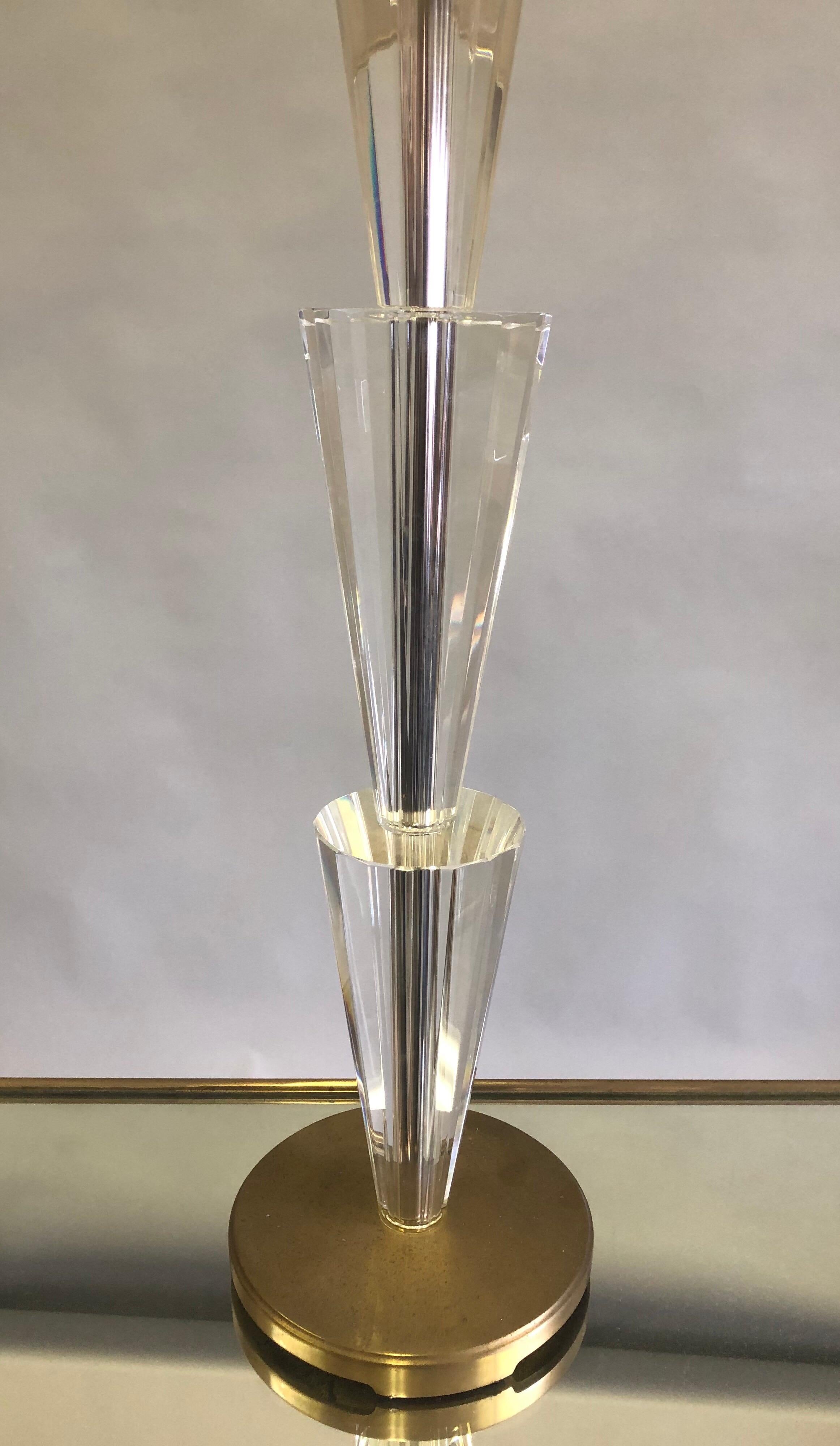 20th Century Pair Italian Modern Neoclassical Crystal & Brass Table Lamps, Fontana Arte Style