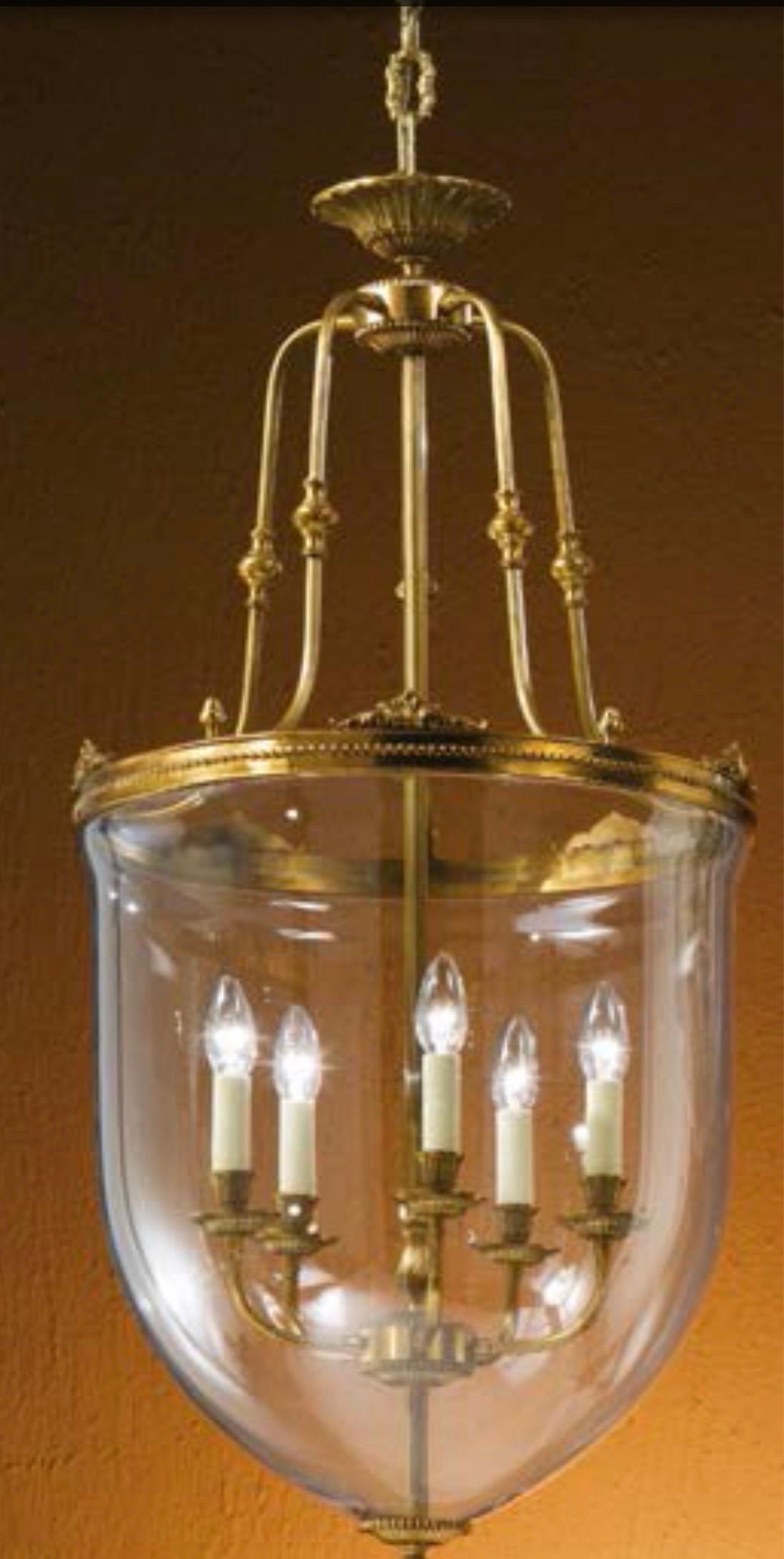 Two French Modern Neoclassical Style Brass and Blown Glass Chandeliers/ Lanterns For Sale 3