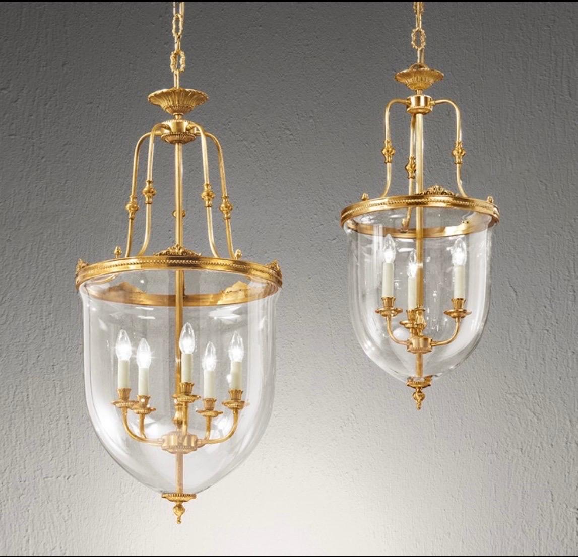 Two French Modern Neoclassical Style Brass and Blown Glass Chandeliers/ Lanterns For Sale 4