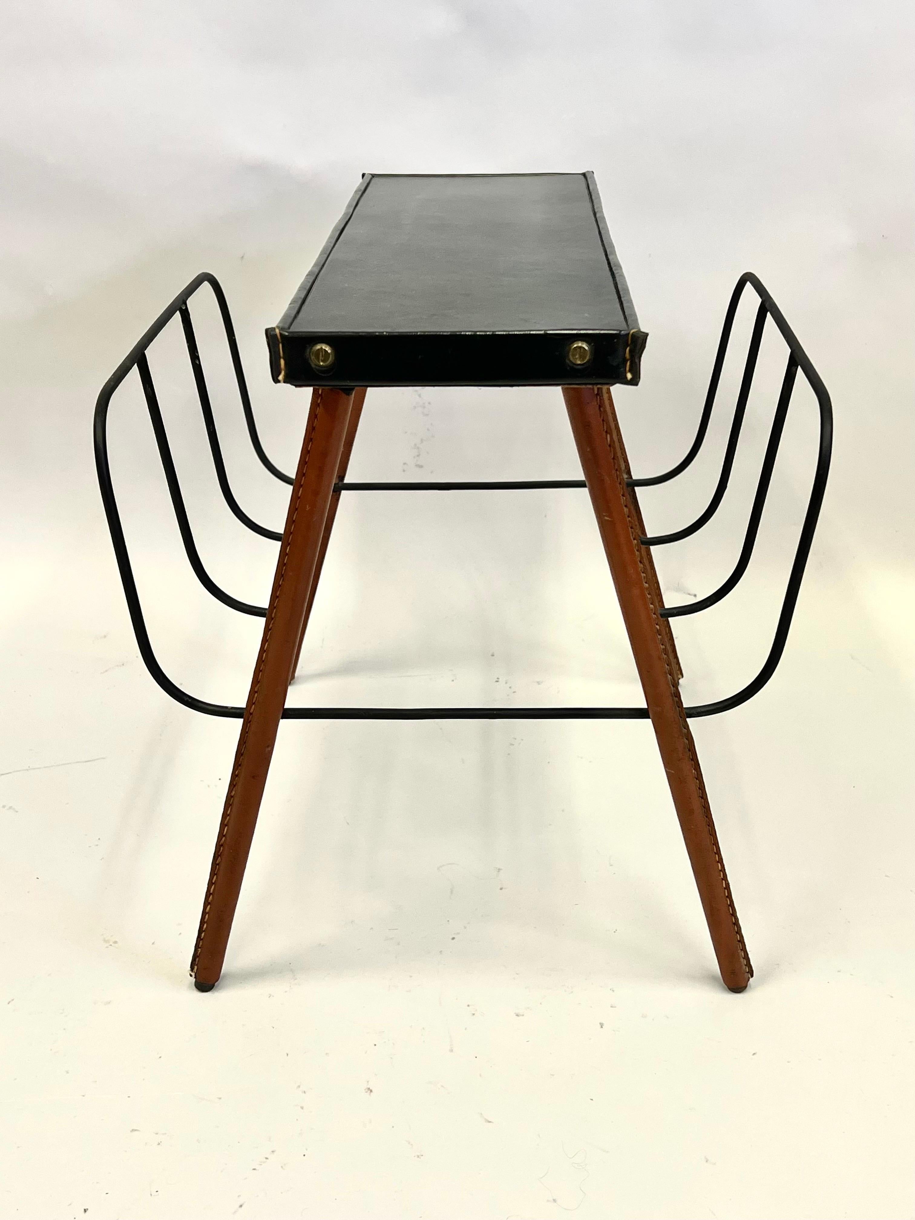 French Midcentury Handstitched Leather Bench / Magazine Stand by Jacques Adnet For Sale 2