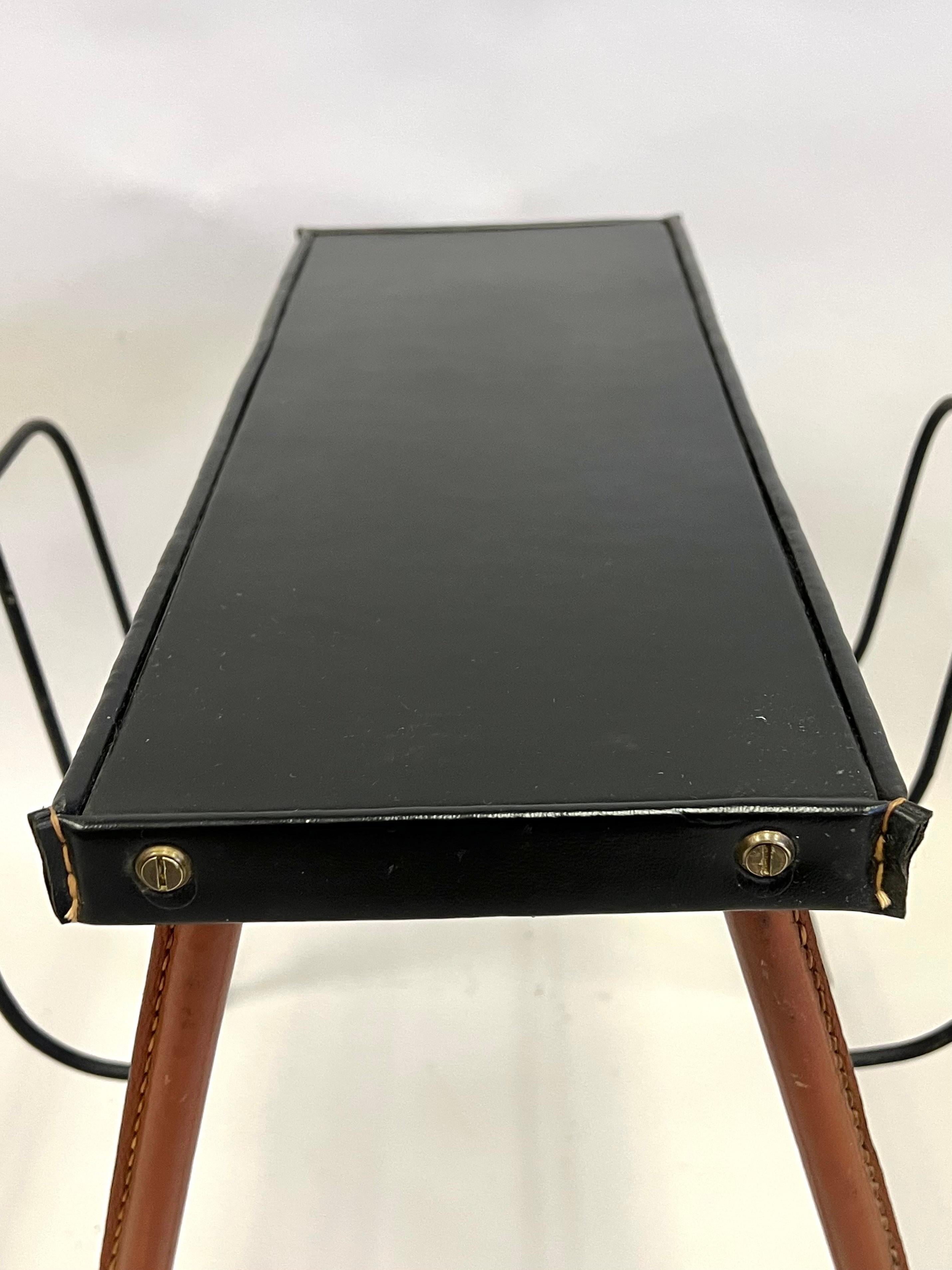 French Midcentury Handstitched Leather Bench / Magazine Stand by Jacques Adnet For Sale 3