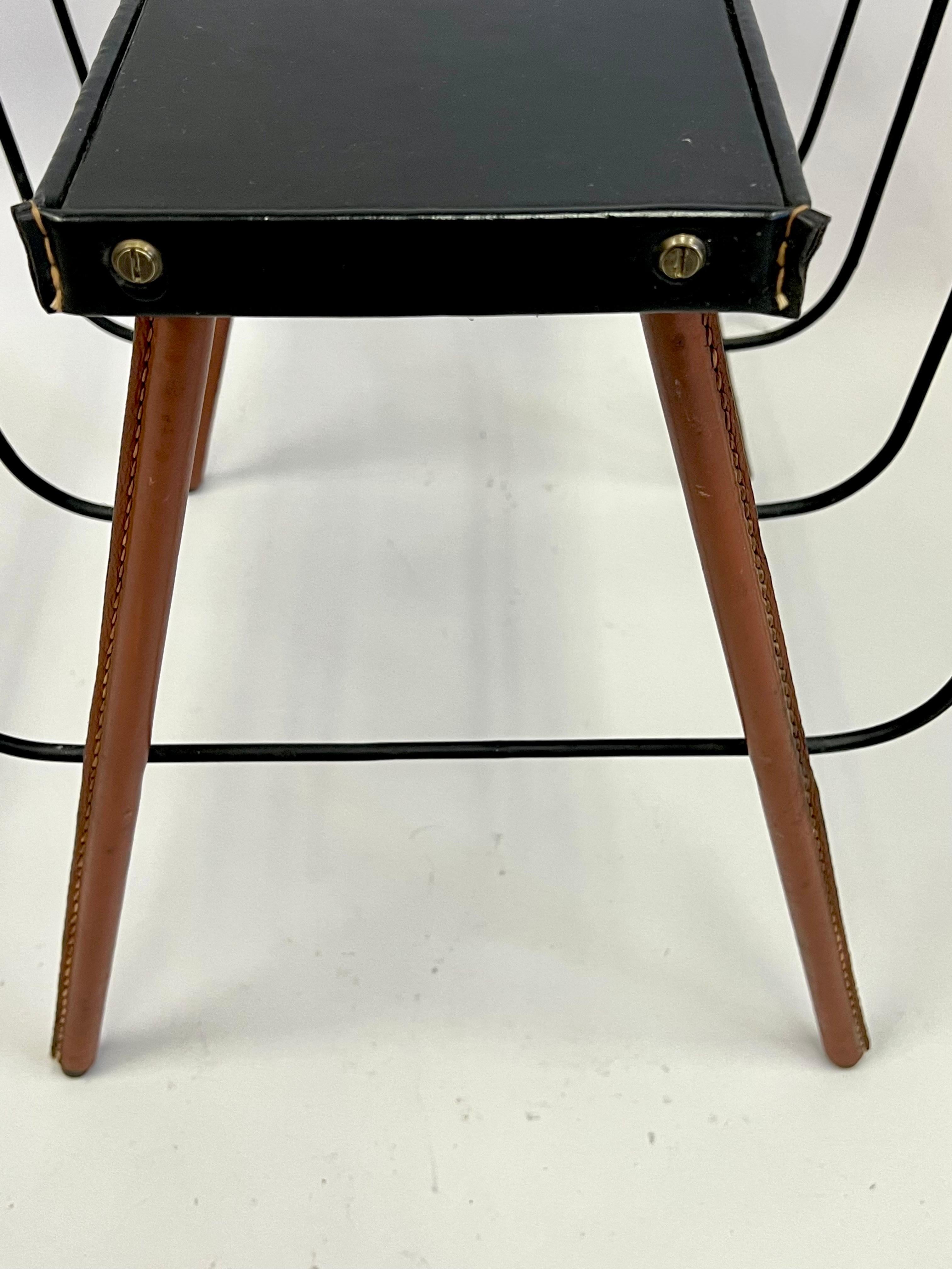 French Midcentury Handstitched Leather Bench / Magazine Stand by Jacques Adnet For Sale 4