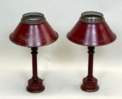 Pair of Antique French Mid-century Red & Gold Tole / Tin Table Lamps circa 1930