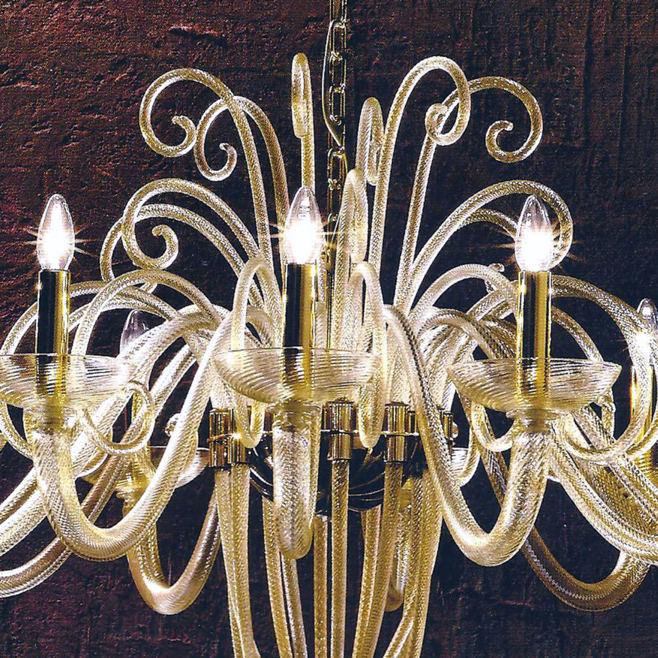 Italian Large Mid-Century Modern Style Twelve-Arm Gold Murano Glass Chandelier For Sale