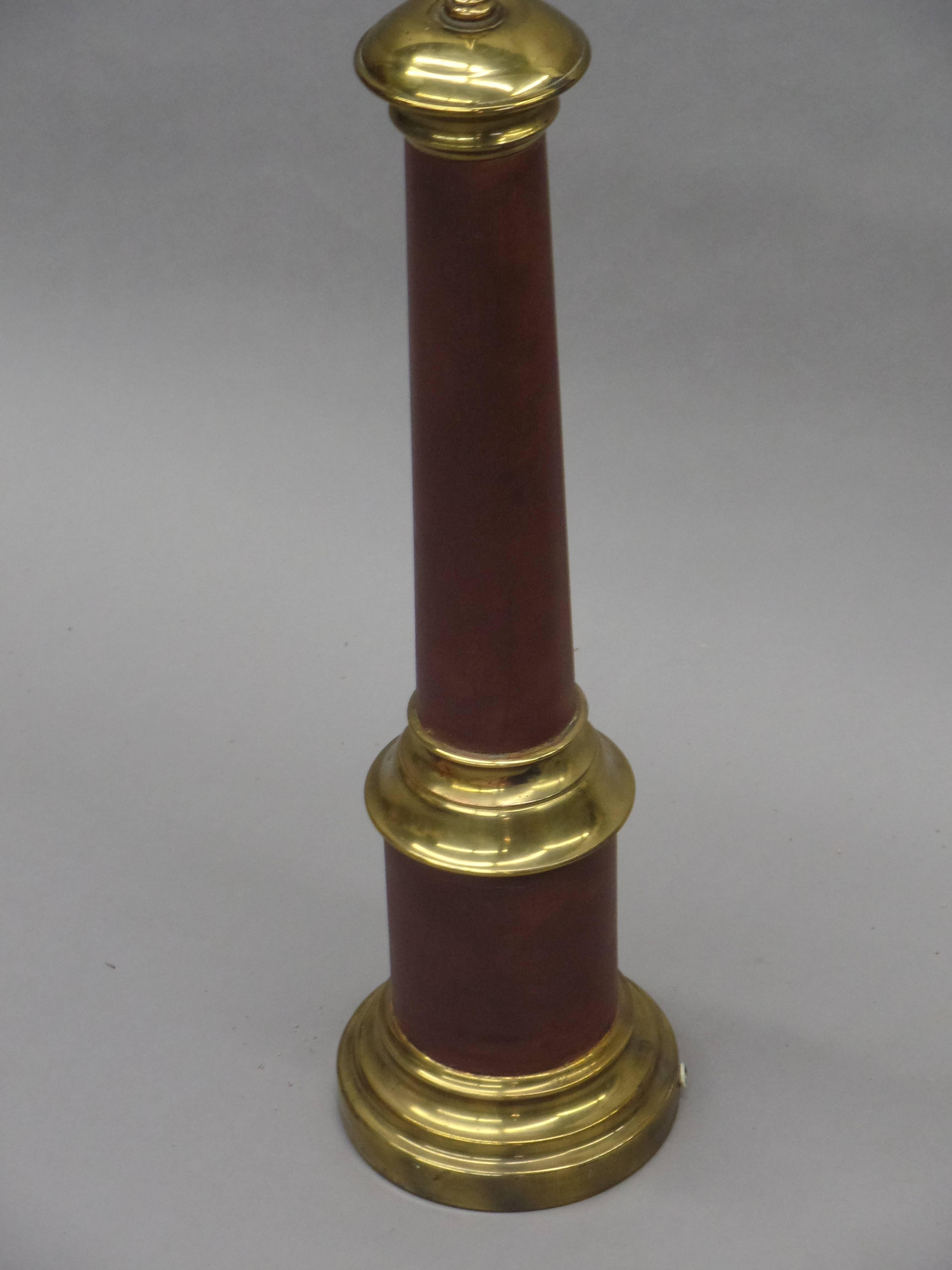 Pair French Mid Century Modern Brass & Enamel Table Lamps, Hand Painted Shades In Good Condition For Sale In New York, NY