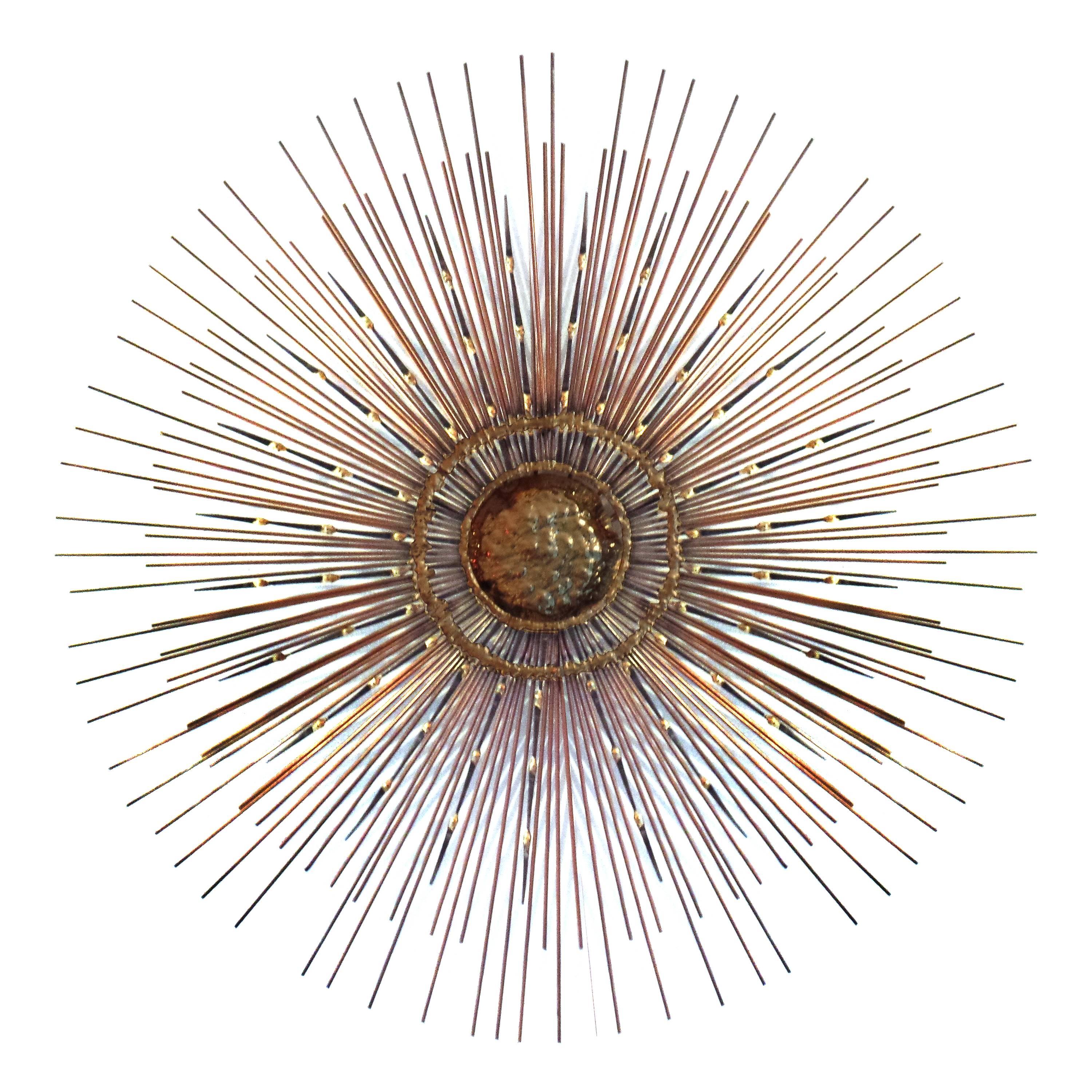 Rare Mid-Century Copper, Brass and Iron Sunburst Mirror / Wall Sculpture by Bela For Sale