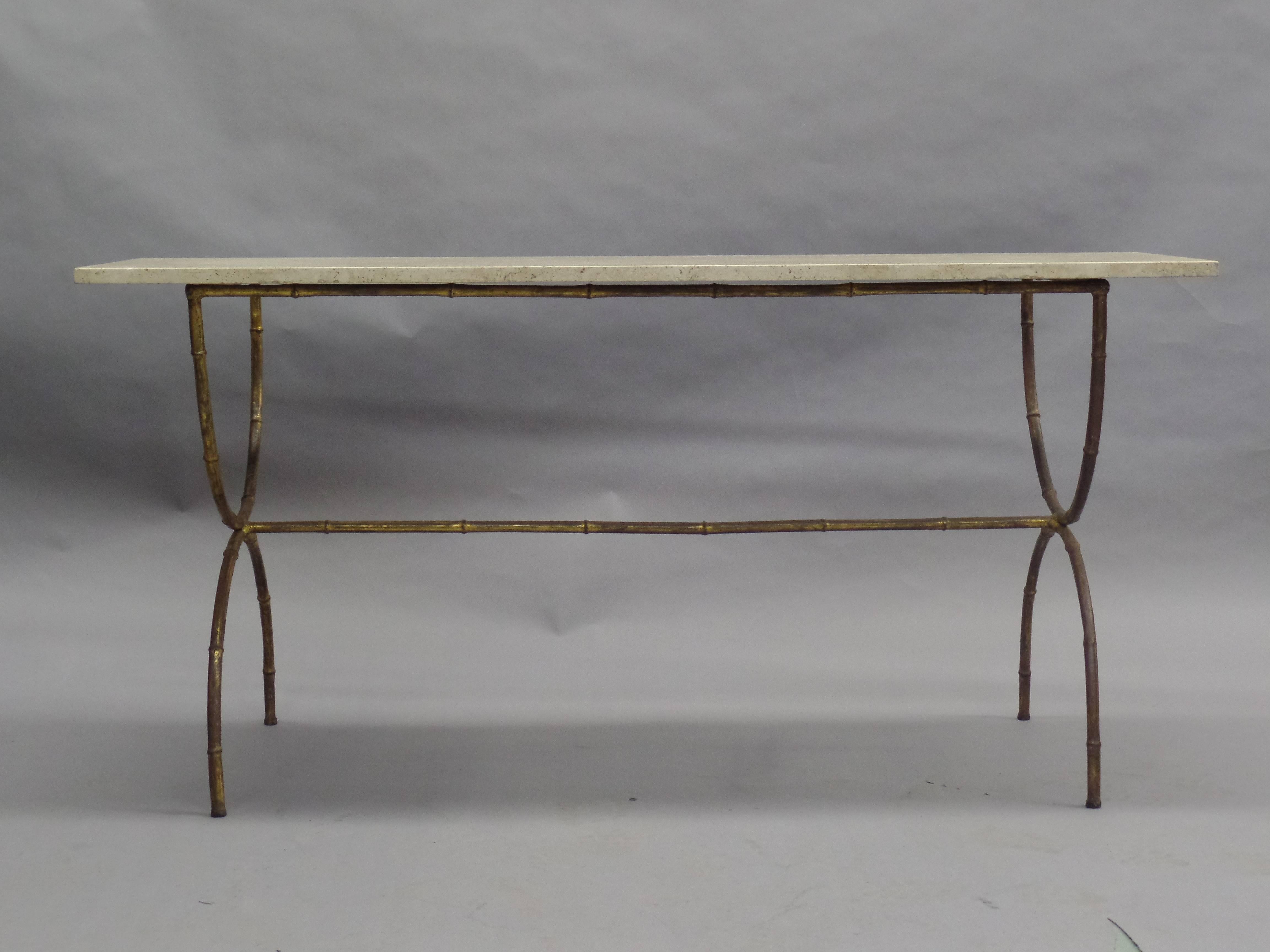 Mid-Century Modern French Modern Neoclassical Gilt Iron Faux Bamboo Sofa Table/Console, Baguès For Sale