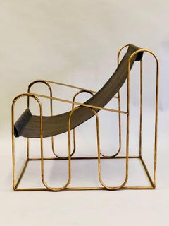 Pair of French Mid-Century Modern Gilt Iron Lounge Chairs, Jean Royere