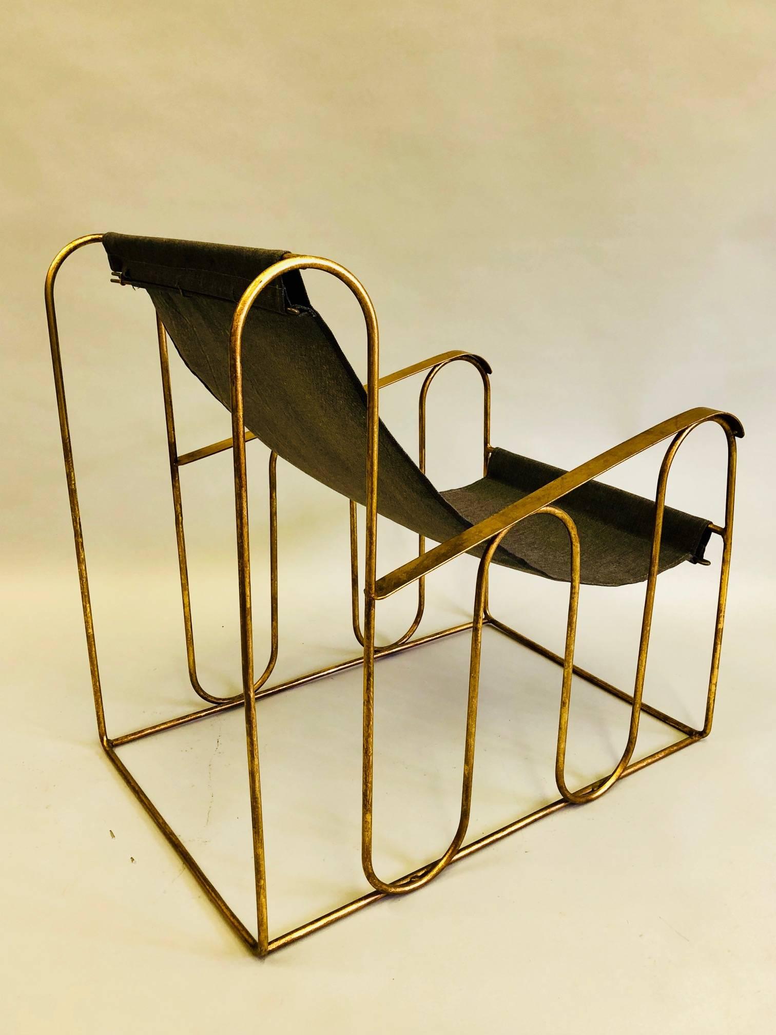 Pair of French Mid-Century Modern Gilt Iron Lounge Chairs, Jean Royere In Excellent Condition In New York, NY