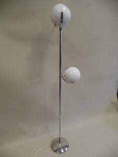 Rare Pair Italian Mid-Century Modern Nickel & White Enamel Floor Lamps, Reggiani